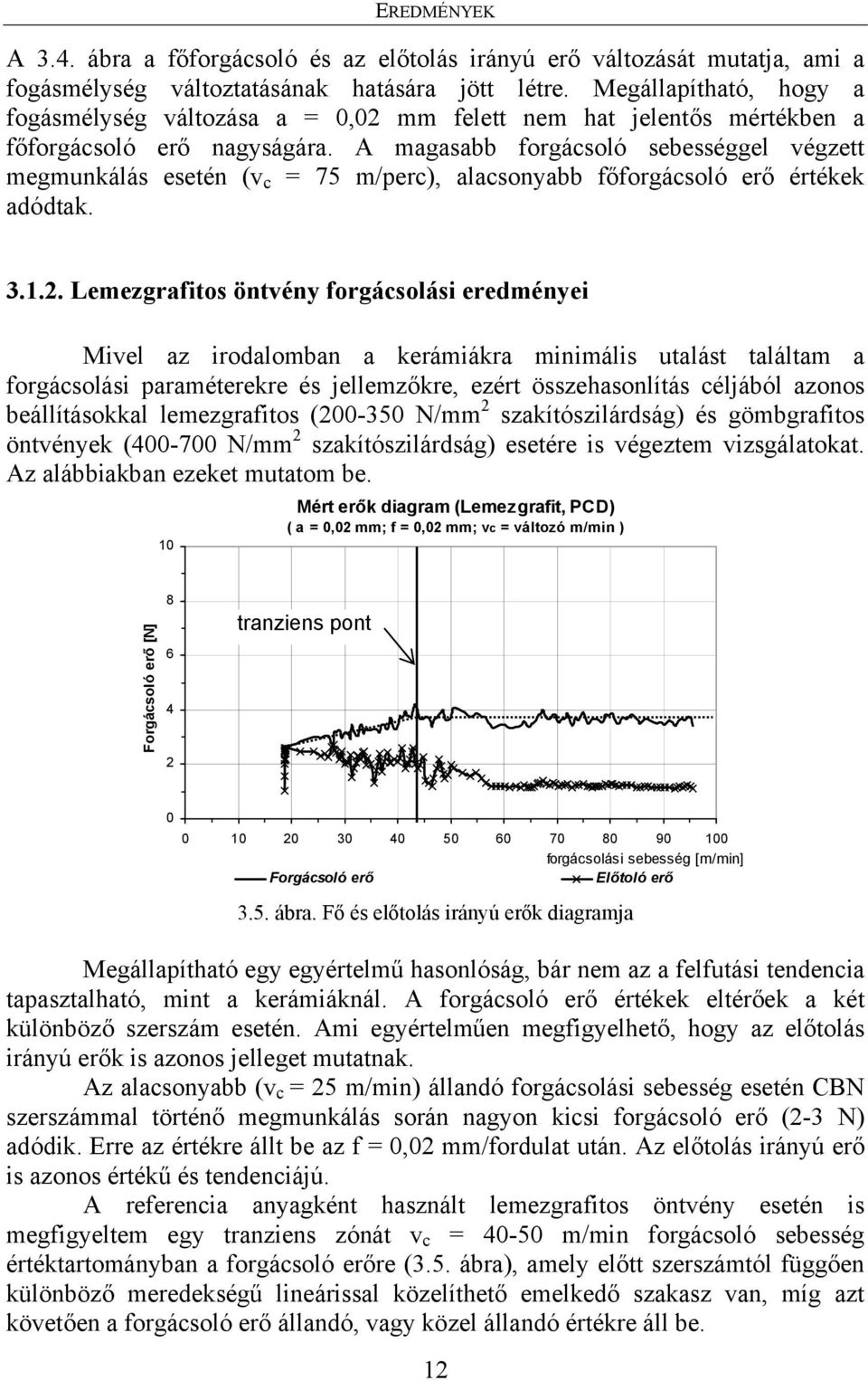 A magasabb forgácsoló sebességgel végzett megmunkálás esetén (v c = 75 m/perc), alacsonyabb főforgácsoló erő értékek adódtak. 3.1.2.