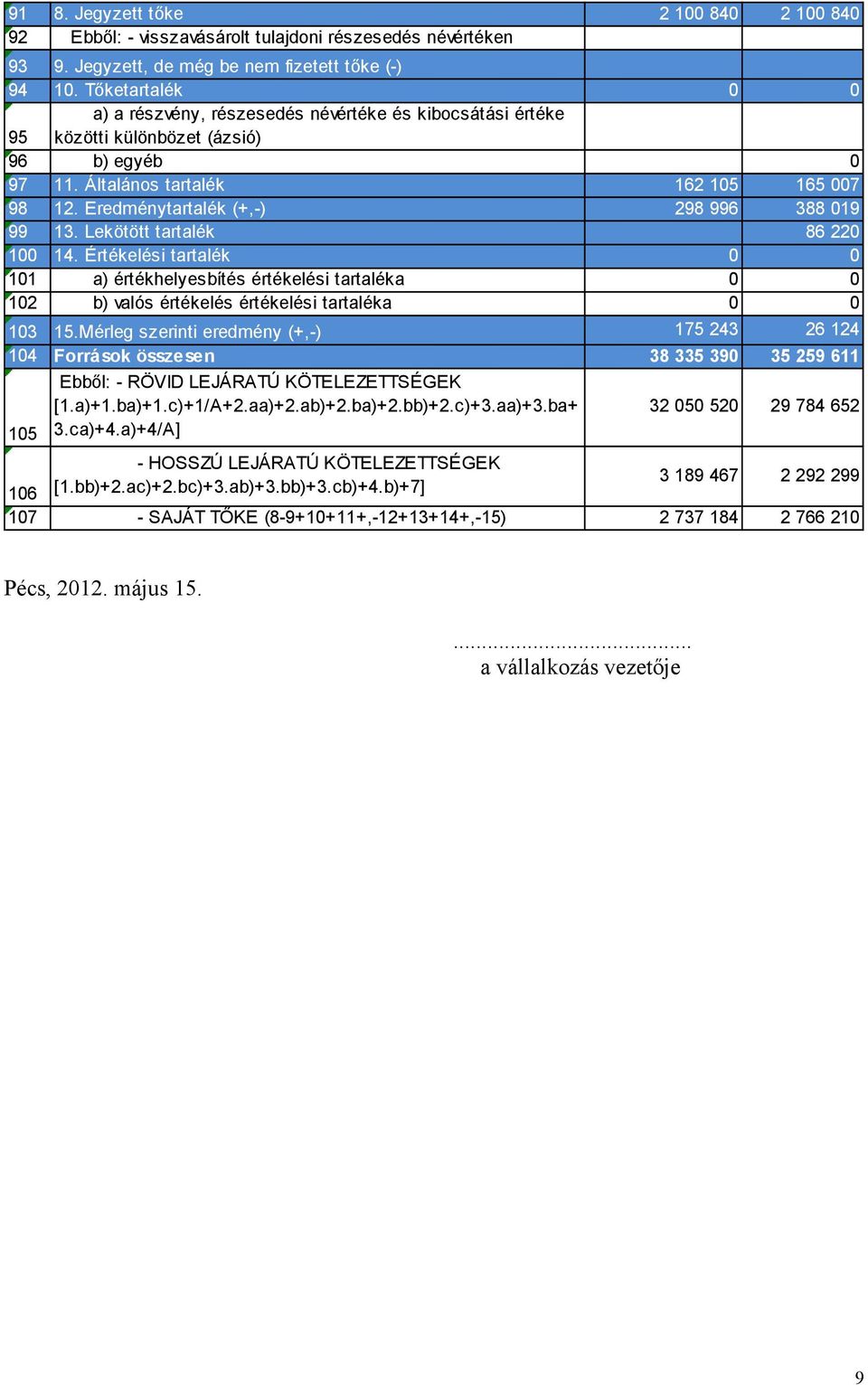 Eredménytartalék (+,-) 298 996 388 019 99 13. Lekötött tartalék 86 220 100 14.