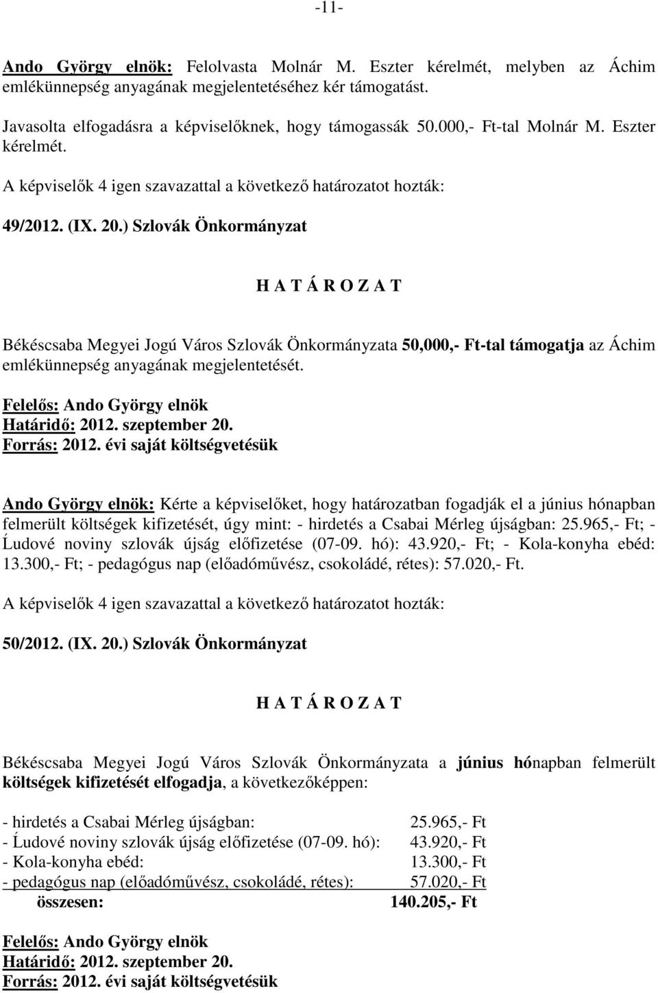 ) Szlovák Önkormányzat Békéscsaba Megyei Jogú Város Szlovák Önkormányzata 50,000,- Ft-tal támogatja az Áchim emlékünnepség anyagának megjelentetését.