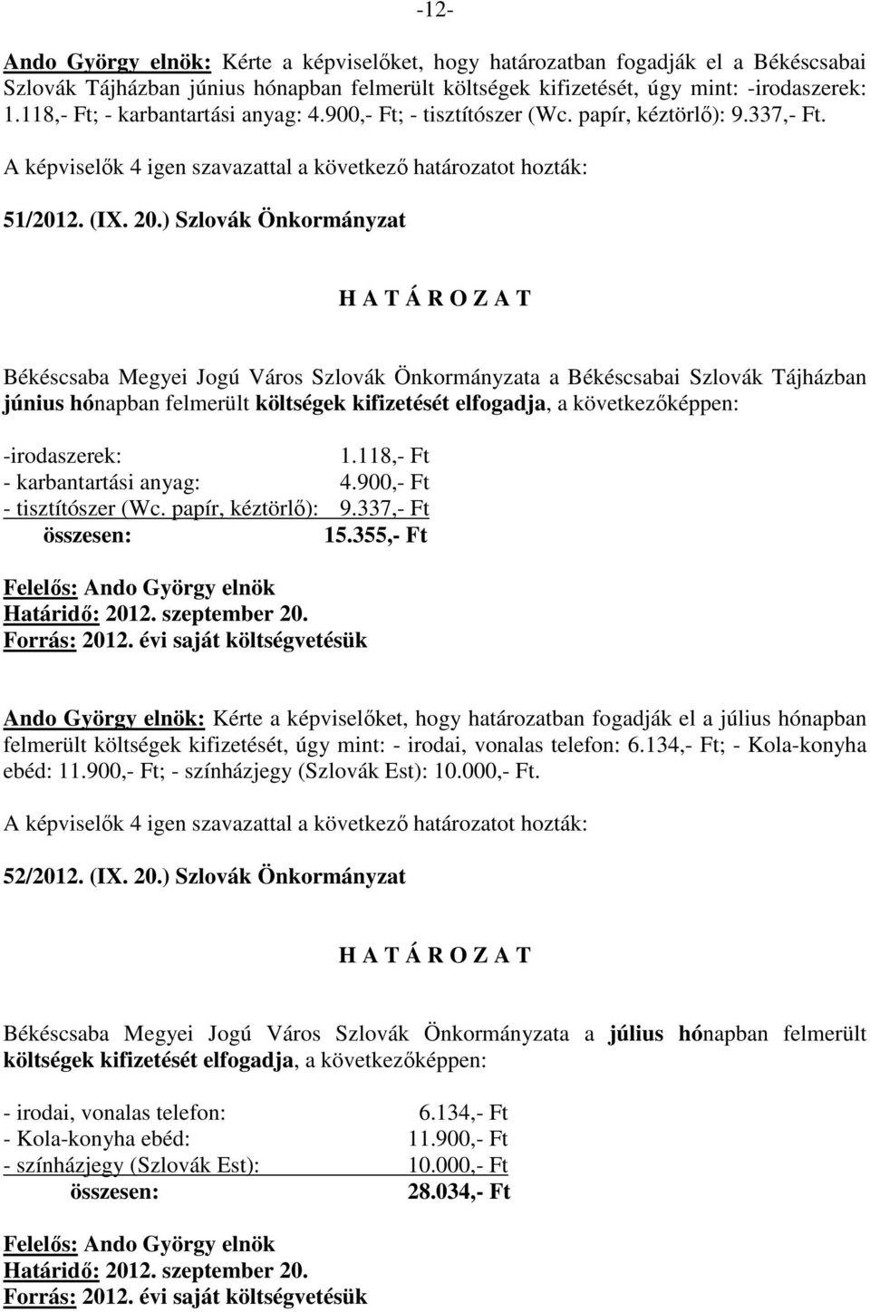 ) Szlovák Önkormányzat Békéscsaba Megyei Jogú Város Szlovák Önkormányzata a Békéscsabai Szlovák Tájházban június hónapban felmerült költségek kifizetését elfogadja, a következıképpen: -irodaszerek: 1.