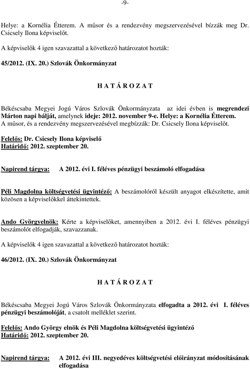 A mősor, és a rendezvény megszervezésével megbízzák: Dr. Csicsely Ilona képviselıt. Felelıs: Dr. Csicsely Ilona képviselı A 2012. évi I.