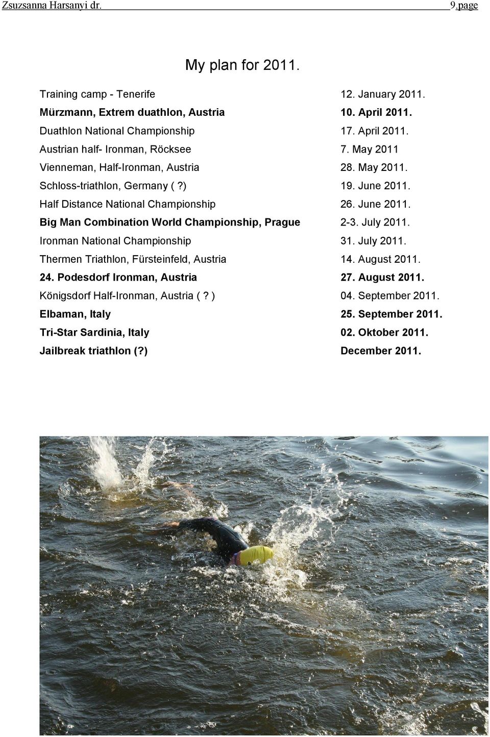 July 2011. Ironman National Championship 31. July 2011. Thermen Triathlon, Fürsteinfeld, Austria 14. August 2011. 24. Podesdorf Ironman, Austria 27. August 2011. Königsdorf Half-Ironman, Austria (?