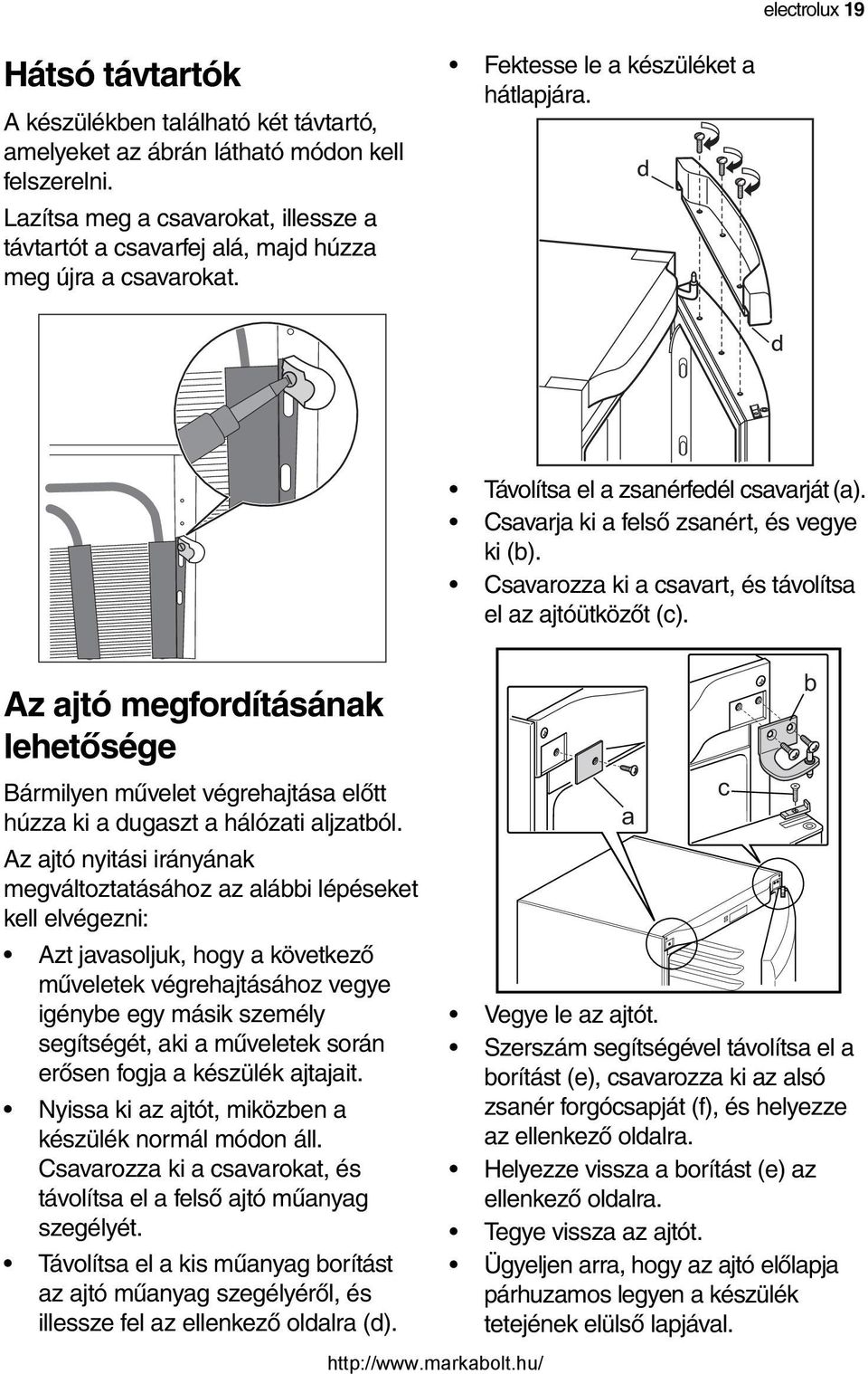 Csavarja ki a felső zsanért, és vegye ki (b). Csavarozza ki a csavart, és távolítsa el az ajtóütközőt (c).