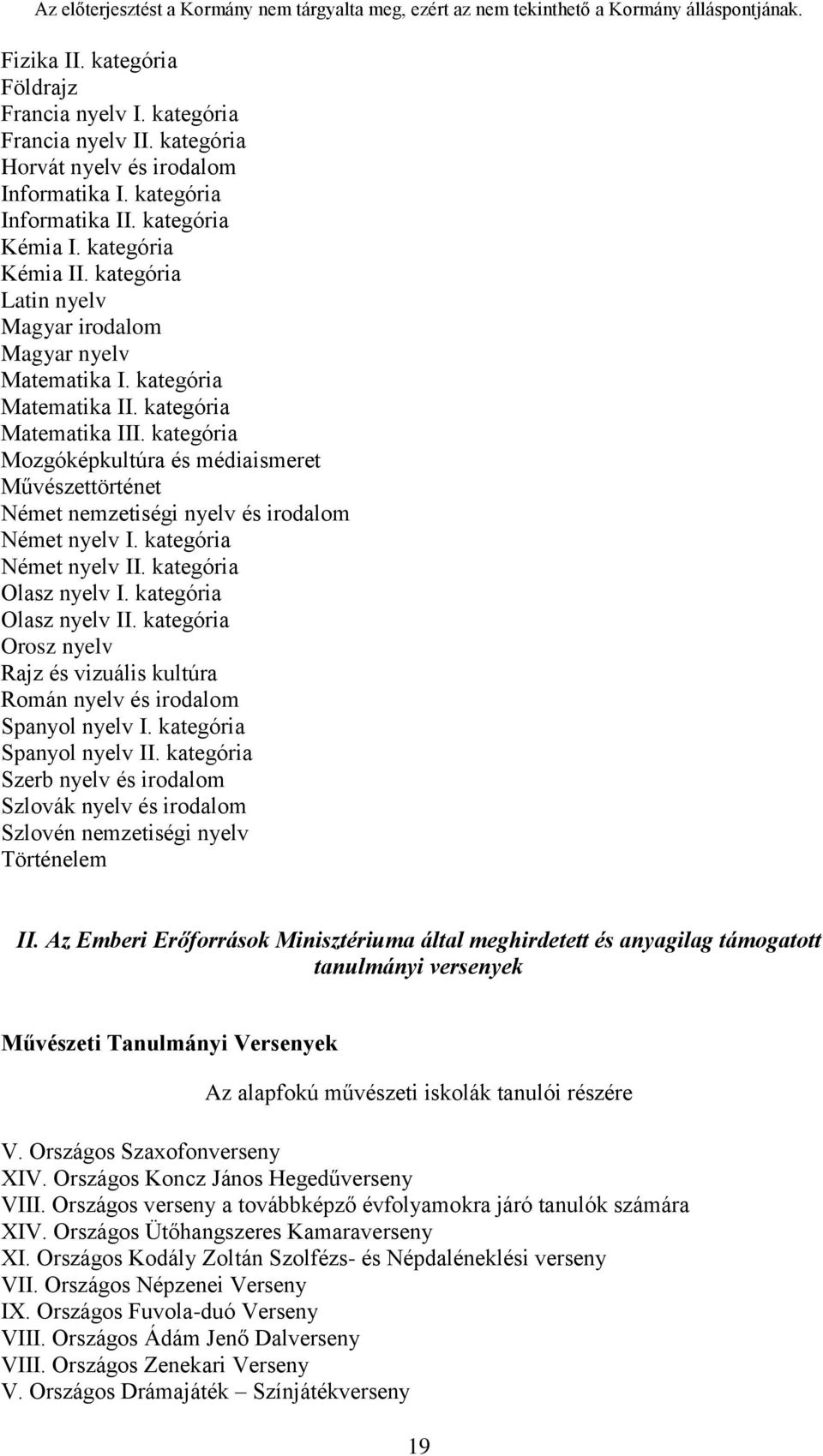 kategória Mozgóképkultúra és médiaismeret Művészettörténet Német nemzetiségi nyelv és irodalom Német nyelv I. kategória Német nyelv II. kategória Olasz nyelv I. kategória Olasz nyelv II.