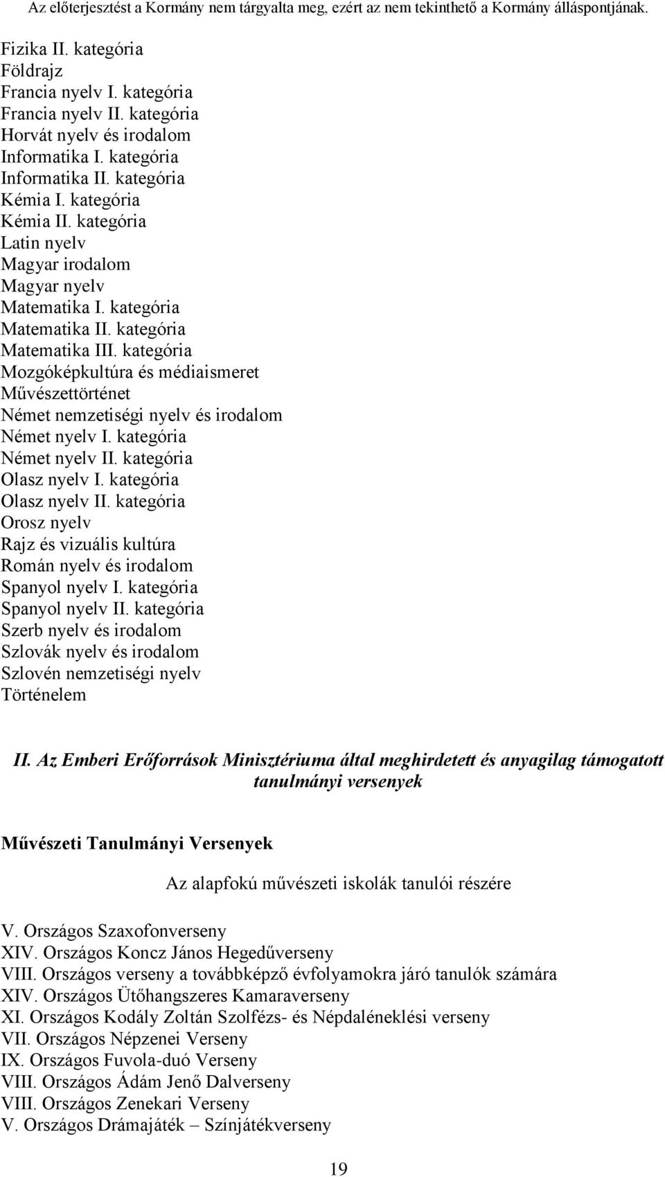 kategória Mozgóképkultúra és médiaismeret Művészettörténet Német nemzetiségi nyelv és irodalom Német nyelv I. kategória Német nyelv II. kategória Olasz nyelv I. kategória Olasz nyelv II.