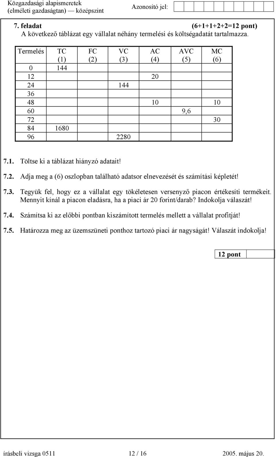 7.3. Tegyük fel, hogy ez a vállalat egy tökéletesen versenyző piacon értékesíti termékeit. Mennyit kínál a piacon eladásra, ha a piaci ár 20 forint/darab? Indokolja válaszát! 7.4.