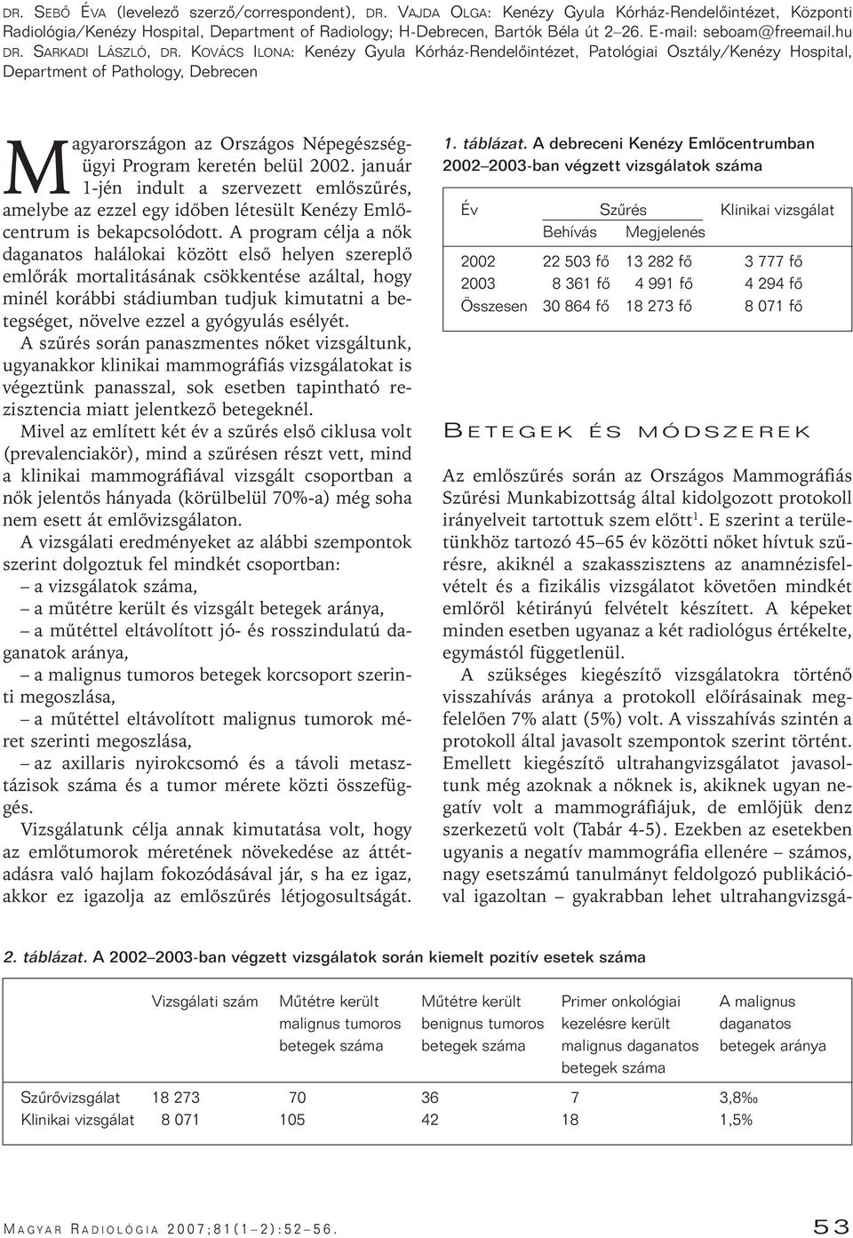 KOVÁCS ILONA: Kenézy Gyula Kórház-Rendelôintézet, Patológiai Osztály/Kenézy Hospital, Department of Pathology, Debrecen Magyarországon az Országos Népegészségügyi Program keretén belül 2002.