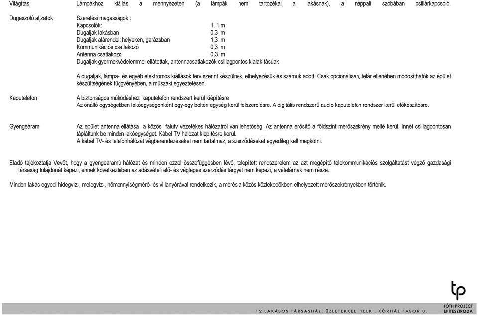 gyermekvédelemmel ellátottak, antennacsatlakozók csillagpontos kialakításúak A dugaljak, lámpa-, és egyéb elektromos kiállások terv szerint készülnek, elhelyezésük és számuk adott.