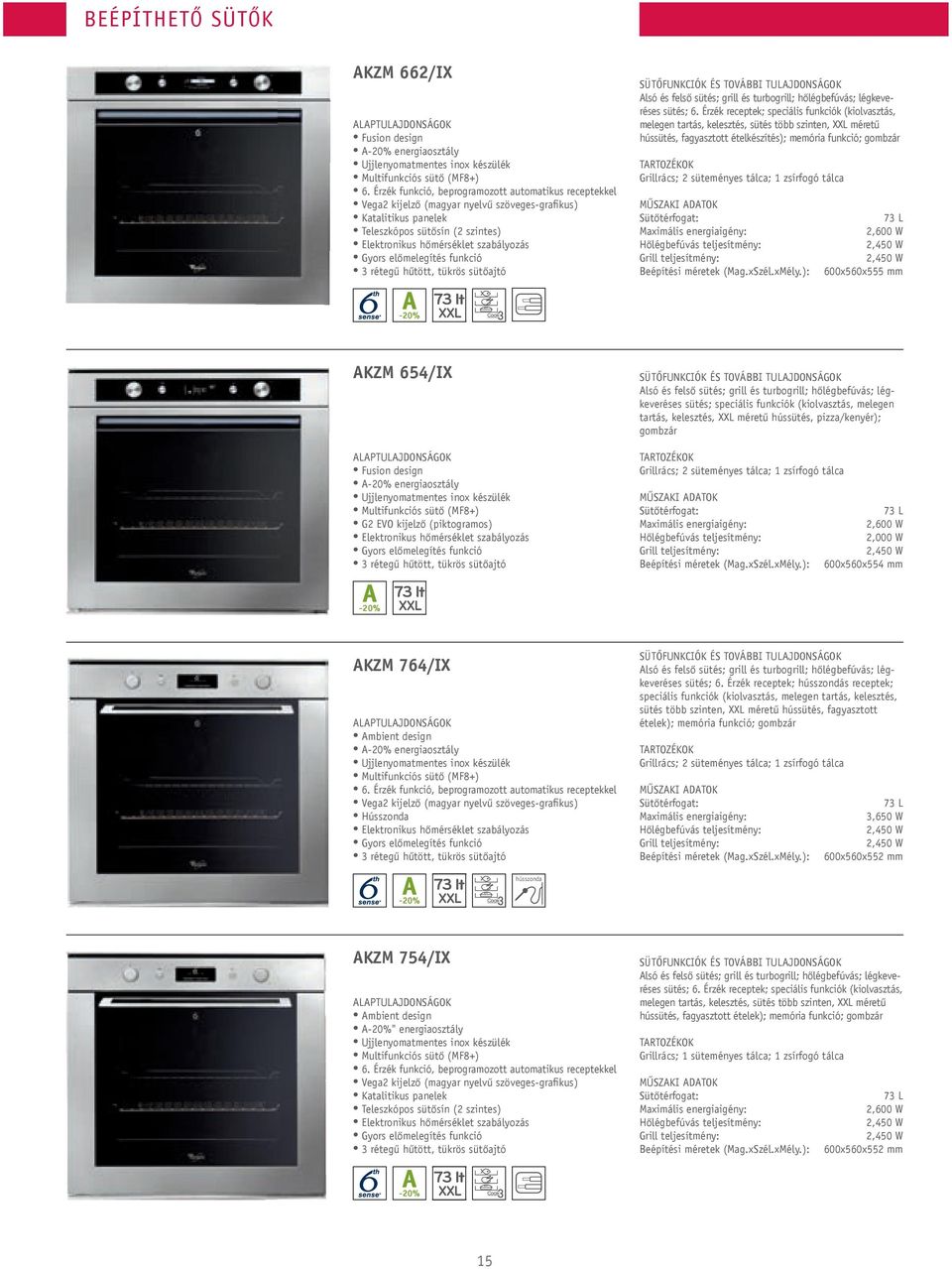 előmelegítés funkció 3 rétegű hűtött, tükrös sütőajtó SüTŐFUNKCIÓK ÉS Alsó és felső sütés; grill és turbogrill; hőlégbefúvás; légkeveréses sütés; 6.