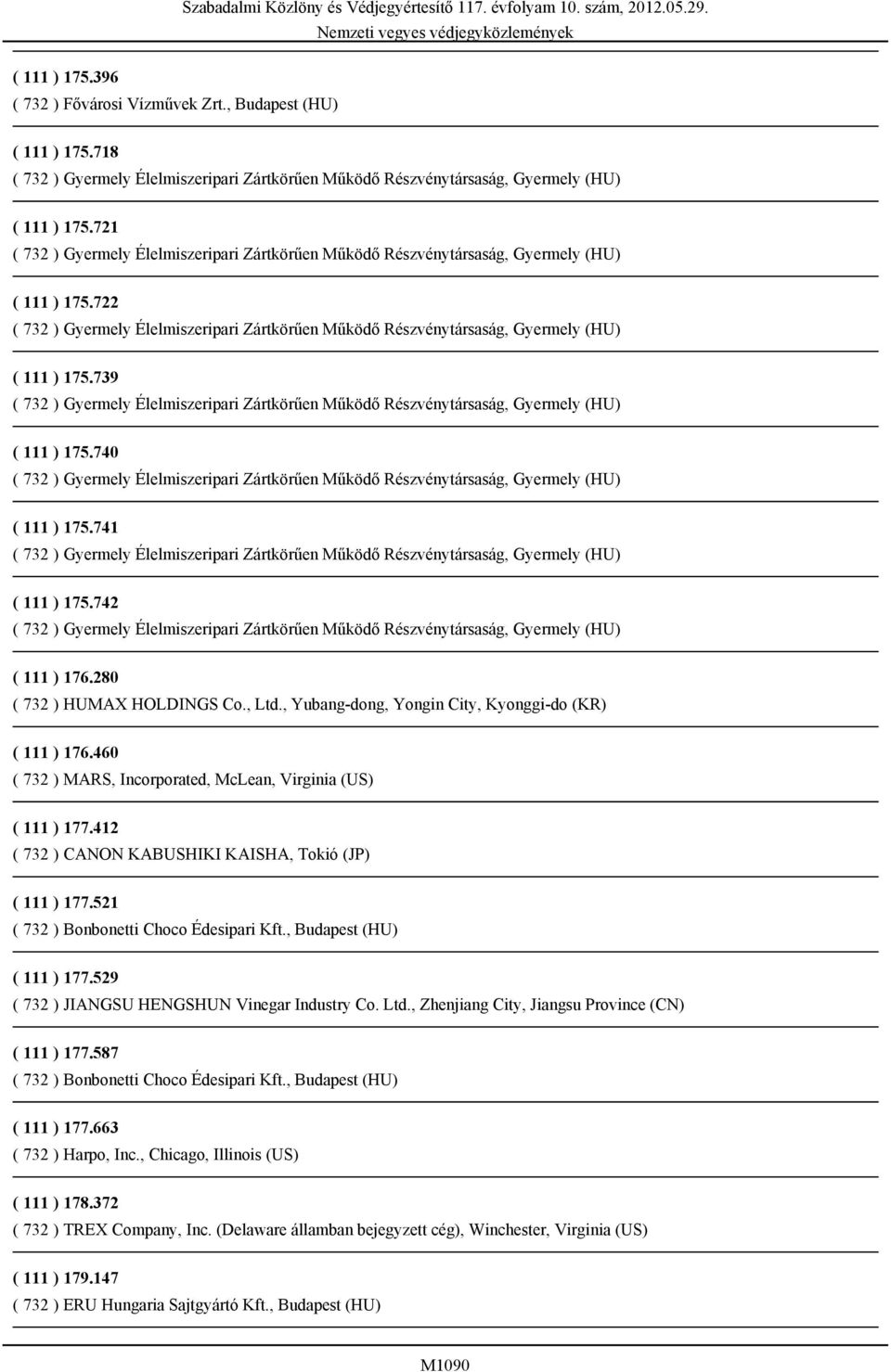 412 ( 732 ) CANON KABUSHIKI KAISHA, Tokió (JP) ( 111 ) 177.521 ( 111 ) 177.529 ( 732 ) JIANGSU HENGSHUN Vinegar Industry Co. Ltd.