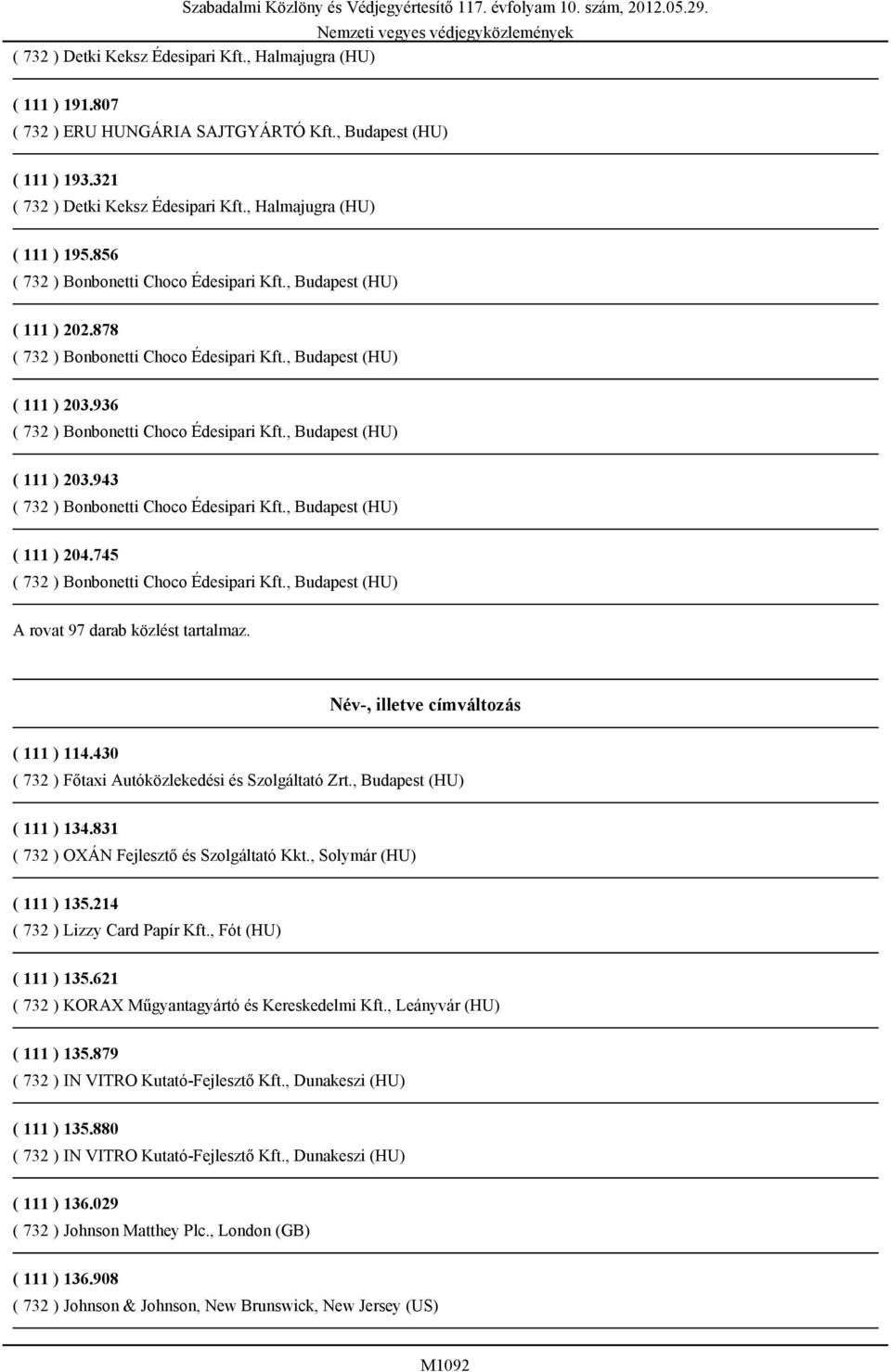 , Budapest (HU) ( 111 ) 134.831 ( 732 ) OXÁN Fejlesztő és Szolgáltató Kkt., Solymár (HU) ( 111 ) 135.214 ( 732 ) Lizzy Card Papír Kft., Fót (HU) ( 111 ) 135.