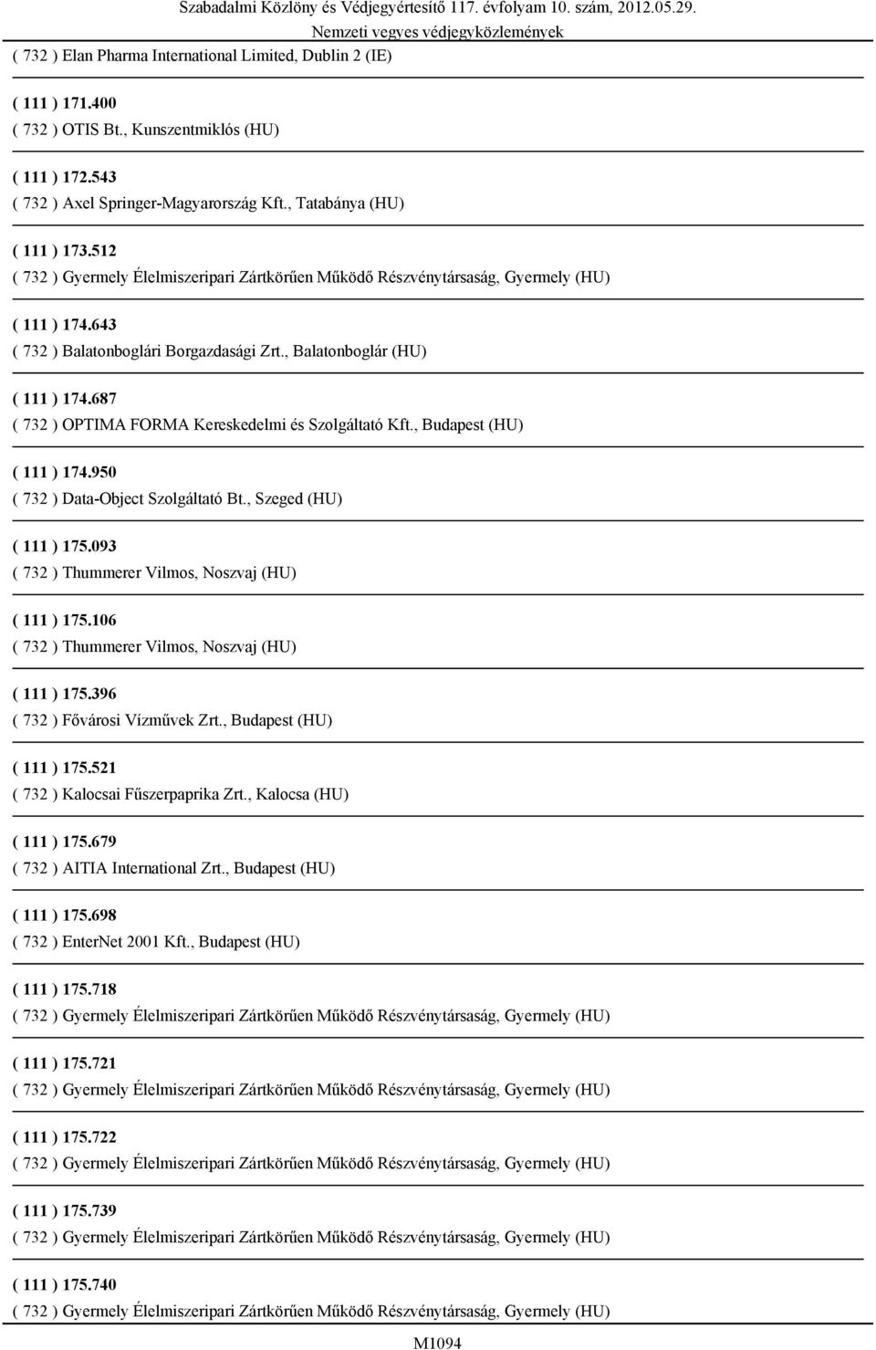 950 ( 732 ) Data-Object Szolgáltató Bt., Szeged (HU) ( 111 ) 175.093 ( 732 ) Thummerer Vilmos, Noszvaj (HU) ( 111 ) 175.106 ( 732 ) Thummerer Vilmos, Noszvaj (HU) ( 111 ) 175.