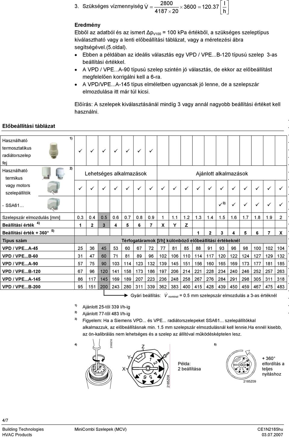 választás egy VPD / VPEB-120 típusú szelep 3-as beállítási értékkel A VPD / VPEA-90 típusú szelep szintén jó választás, de ekkor az előbeállítást megfelelően korrigálni kell a 6-ra A VPD/VPEA-145