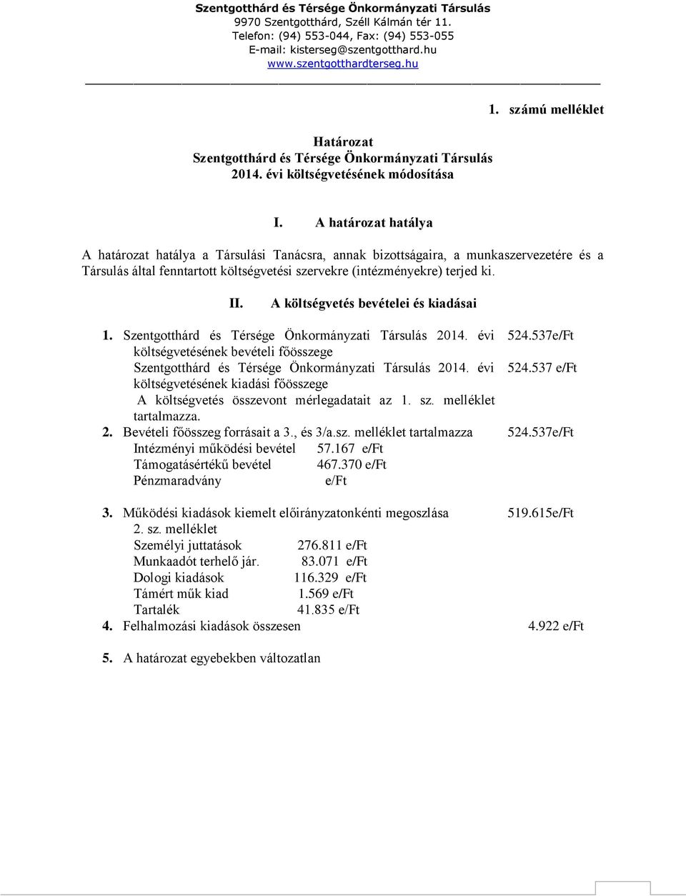 A költségvetés bevételei és kiadásai 1. Szentgotthárd és Térsége Önkormányzati Társulás 2014. évi költségvetésének bevételi főösszege Szentgotthárd és Térsége Önkormányzati Társulás 2014.