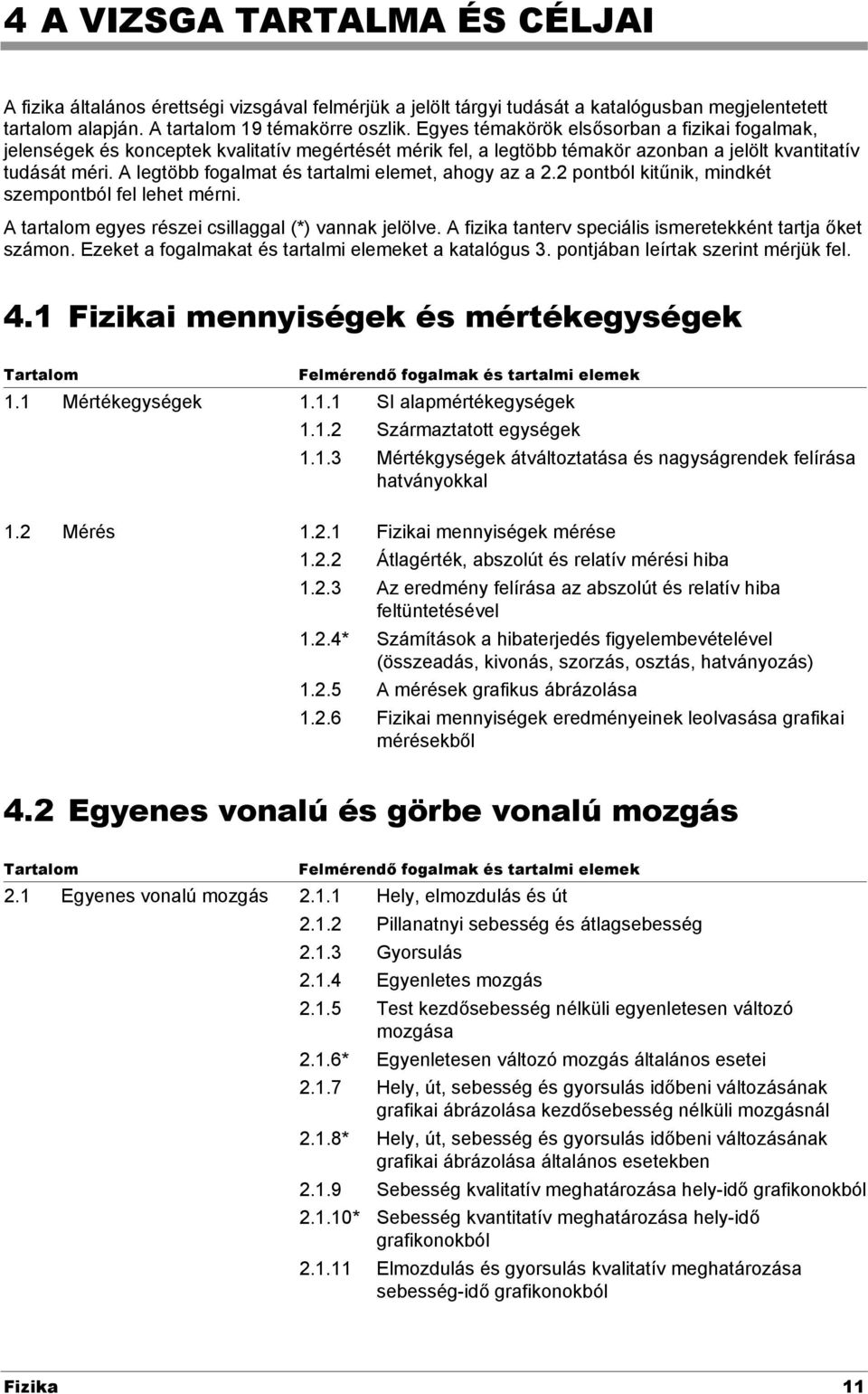 A legtöbb fogalmat és tartalmi elemet, ahogy az a. pontból kitűnik, mindkét szempontból fel lehet mérni. A tartalom egyes részei csillaggal (*) vannak jelölve.