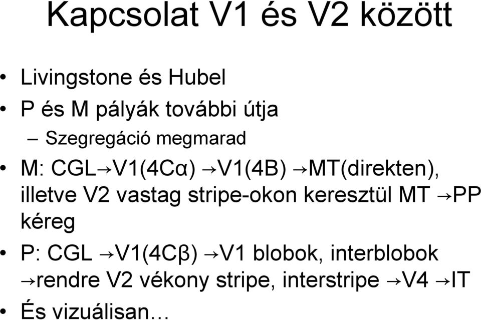 V2 vastag stripe-okon keresztül MT PP kéreg P: CGL V1(4Cβ) V1 blobok,