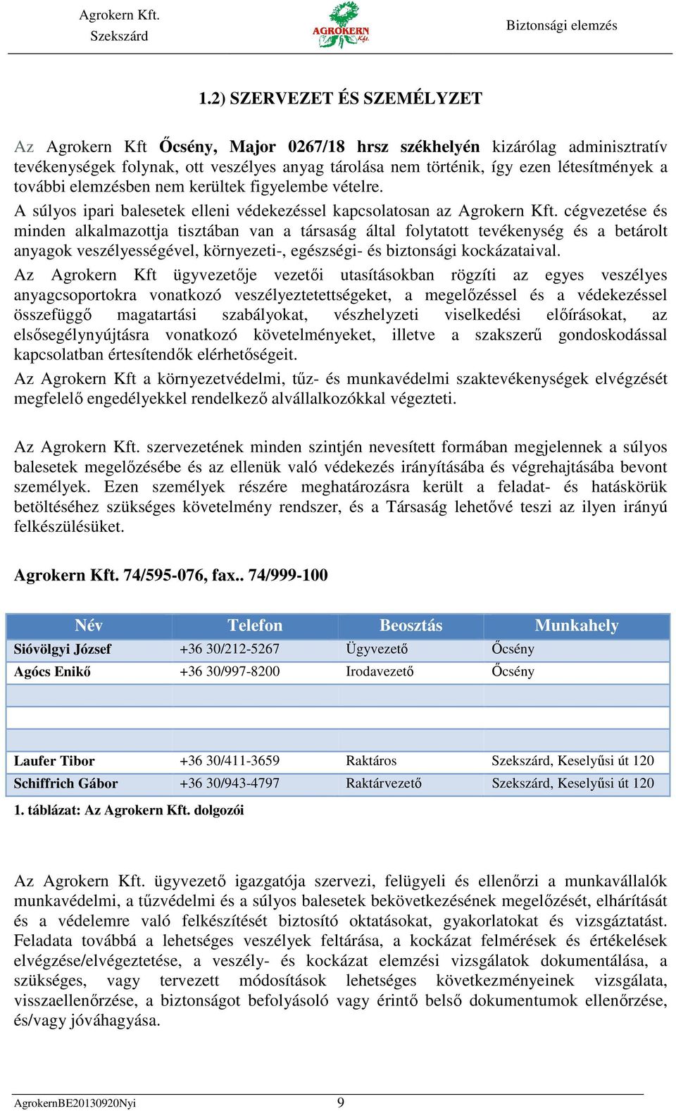 cégvezetése és minden alkalmazottja tisztában van a társaság által folytatott tevékenység és a betárolt anyagok veszélyességével, környezeti-, egészségi- és biztonsági kockázataival.