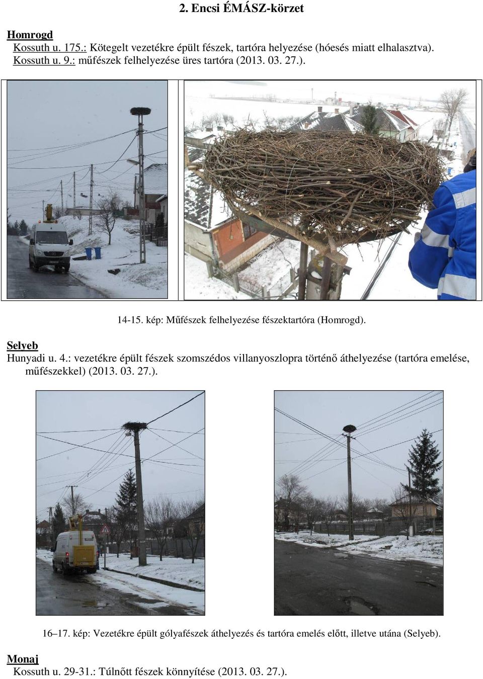 : vezetékre épült fészek szomszédos villanyoszlopra történő áthelyezése (tartóra emelése, műfészekkel) (2013. 03. 27.). 16 17.