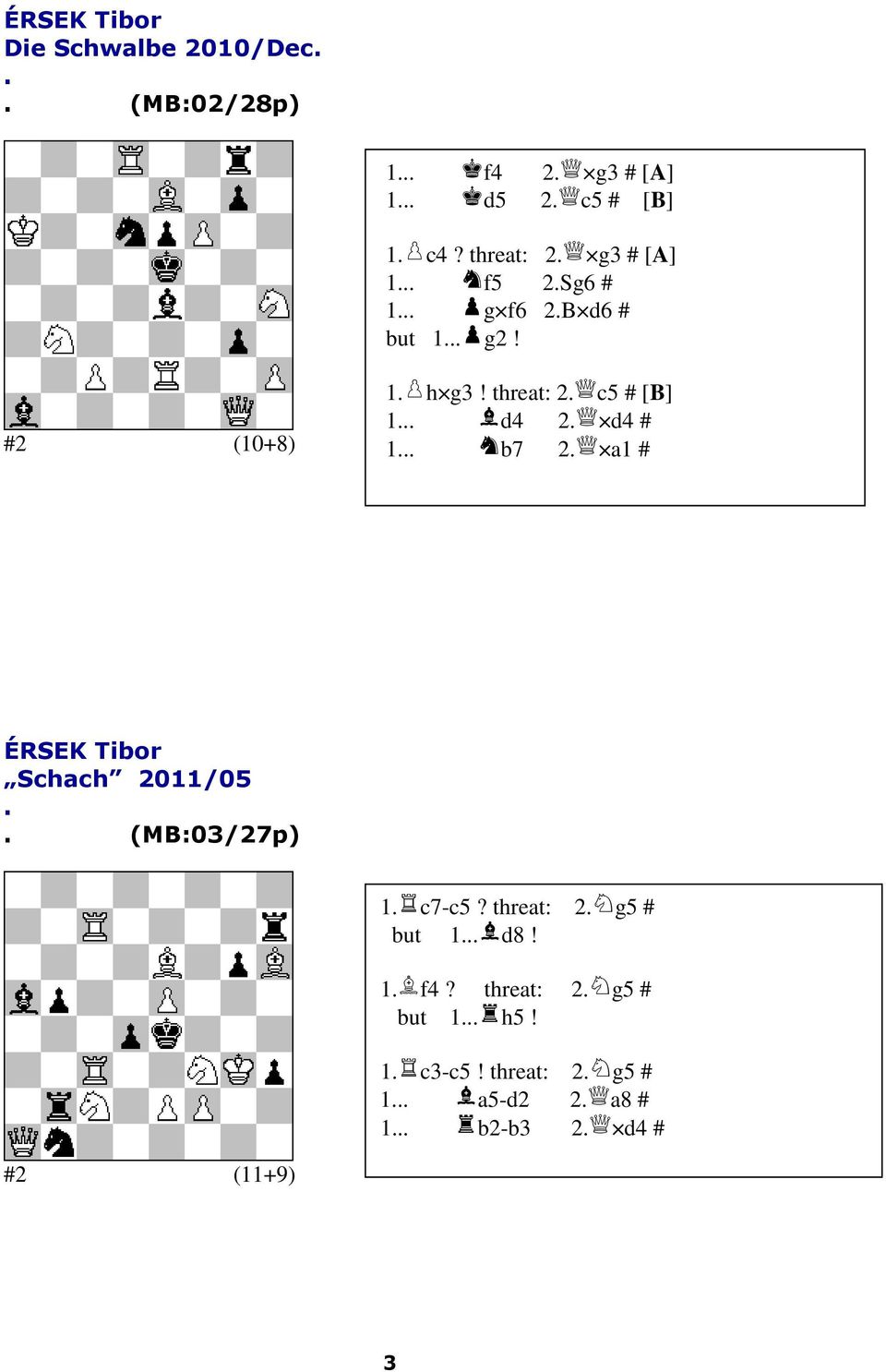 threat: 2 c5 # [B] 1 d4 2 d4 # 1 b7 2 a1 # ÉRSEK Tibor Schach 2011/05 (MB:03/27p) 1 c7-c5?