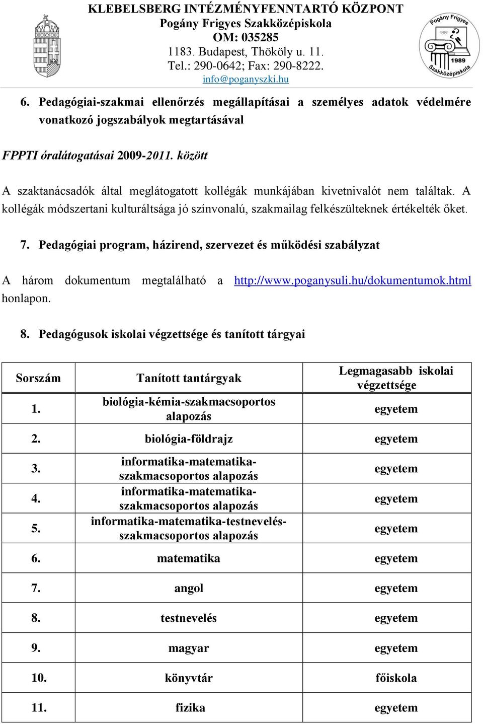 Pedagógiai program, házirend, szervezet és működési szabályzat A három dokumentum megtalálható a http://www.poganysuli.hu/dokumentumok.html honlapon. 8. Pedagógusok iskolai és tanított tárgyai 1.