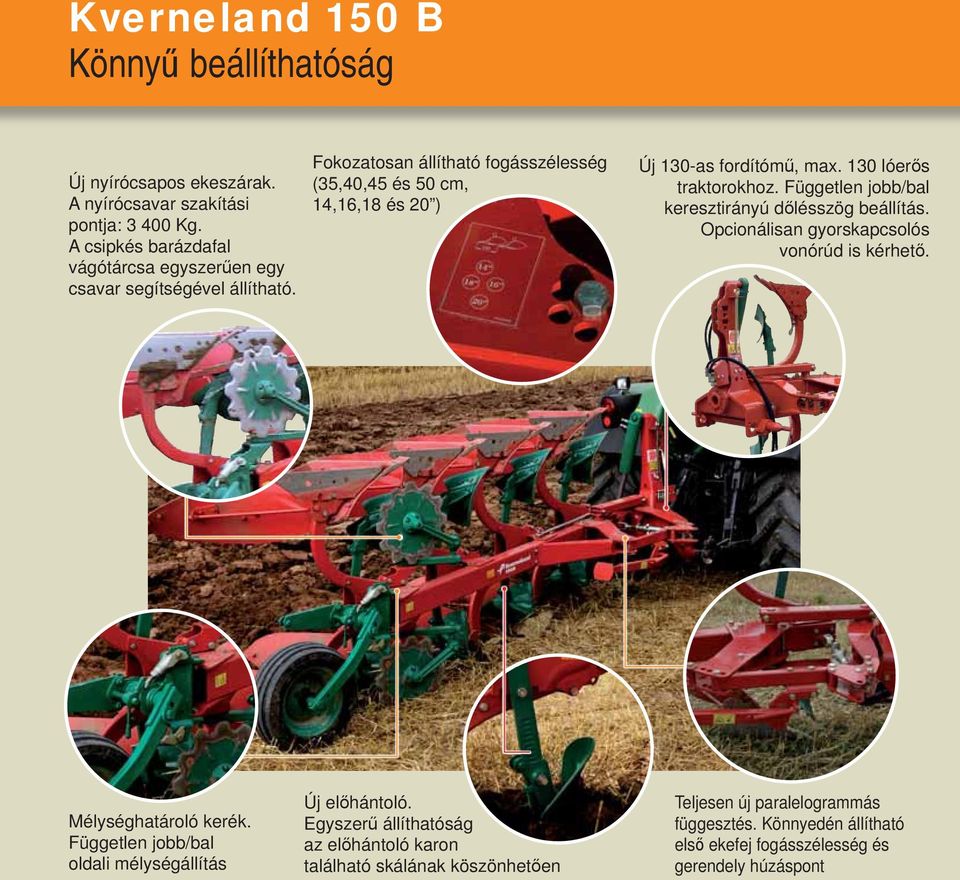 Fokozatosan állítható fogásszélesség (35,40,45 és 50 cm, 14,16,18 és 20 ) Új 130-as fordítóm, max. 130 lóer s traktorokhoz.