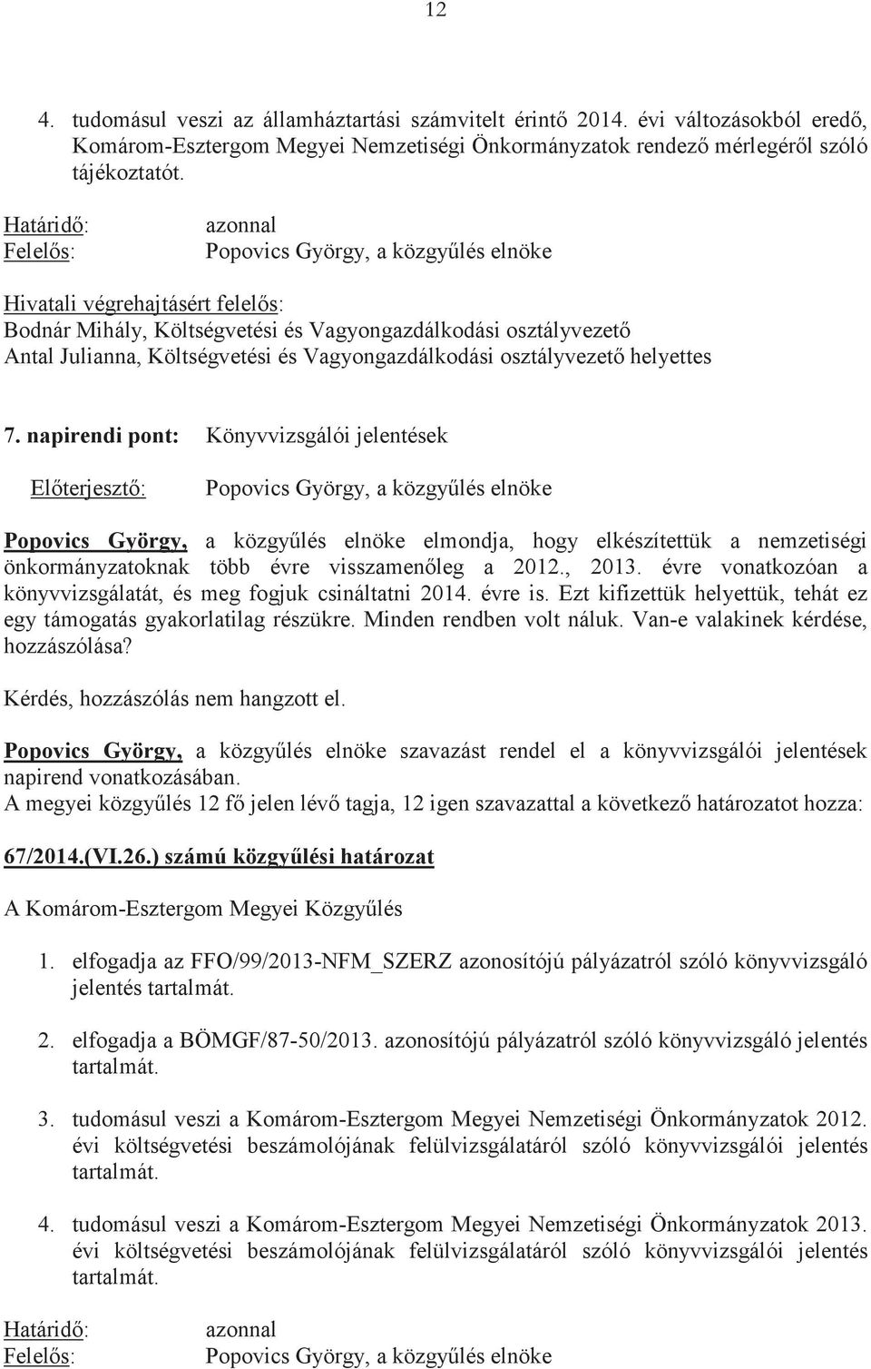napirendi pont: Könyvvizsgálói jelentések Elterjeszt: elmondja, hogy elkészítettük a nemzetiségi önkormányzatoknak több évre visszamenleg a 2012., 2013.