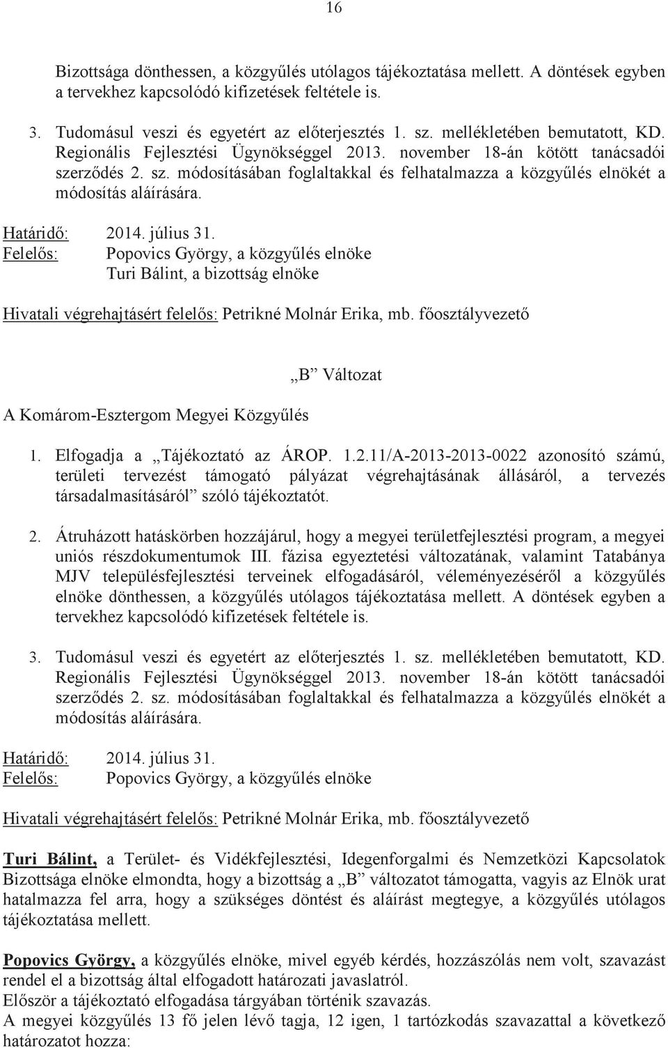 Határid: 2014. július 31. Felels: Turi Bálint, a bizottság elnöke Hivatali végrehajtásért felels: Petrikné Molnár Erika, mb. fosztályvezet A Komárom-Esztergom Megyei Közgylés B Változat 1.