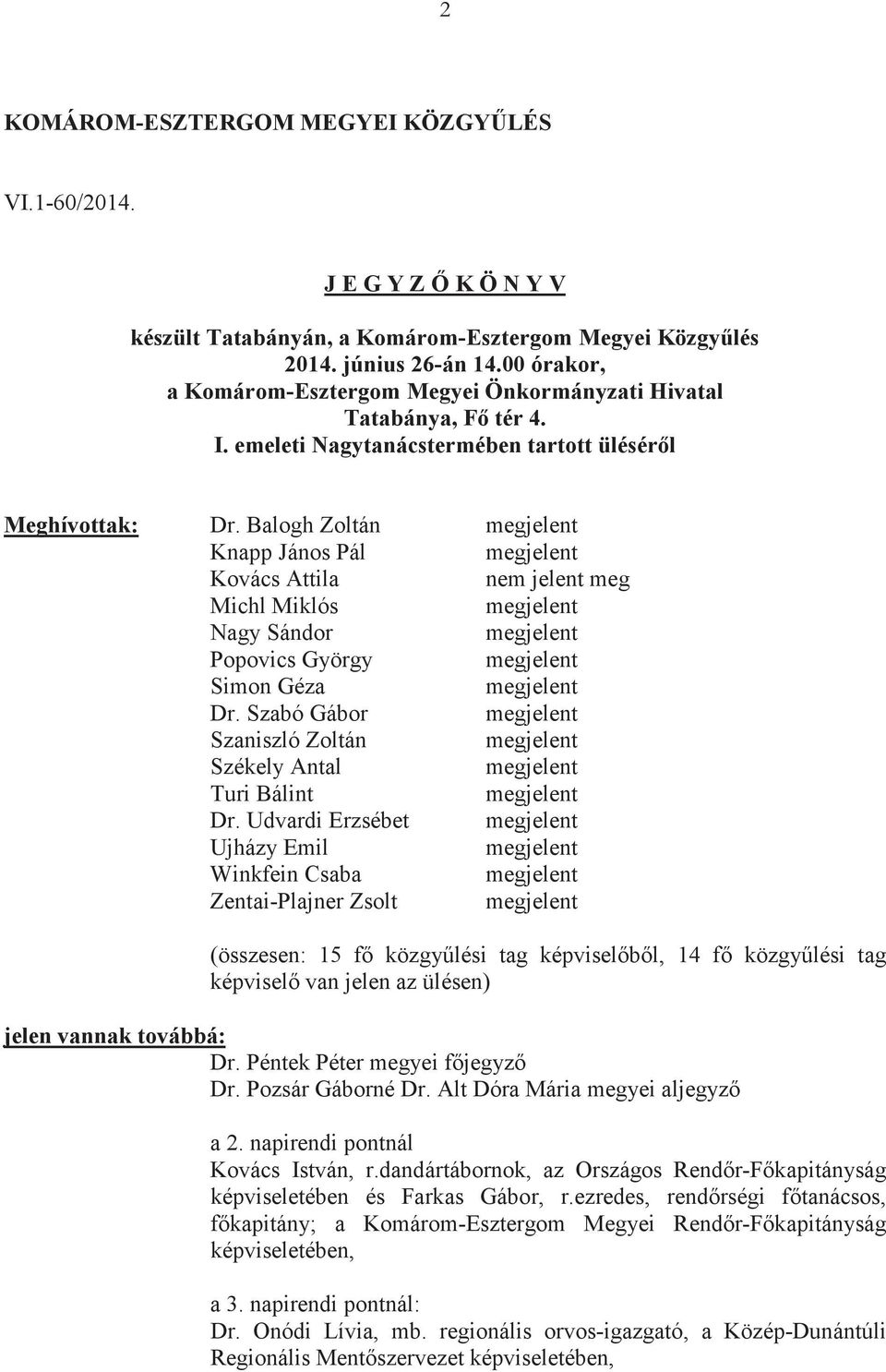 Balogh Zoltán megjelent Knapp János Pál megjelent Kovács Attila nem jelent meg Michl Miklós megjelent Nagy Sándor megjelent Popovics György megjelent Simon Géza megjelent Dr.