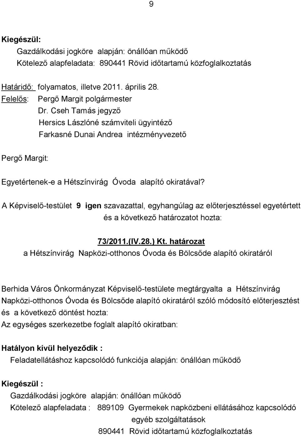 A Képviselő-testület 9 igen szavazattal, egyhangúlag az előterjesztéssel egyetértett és a következő határozatot hozta: 73/2011.(IV.28.) Kt.