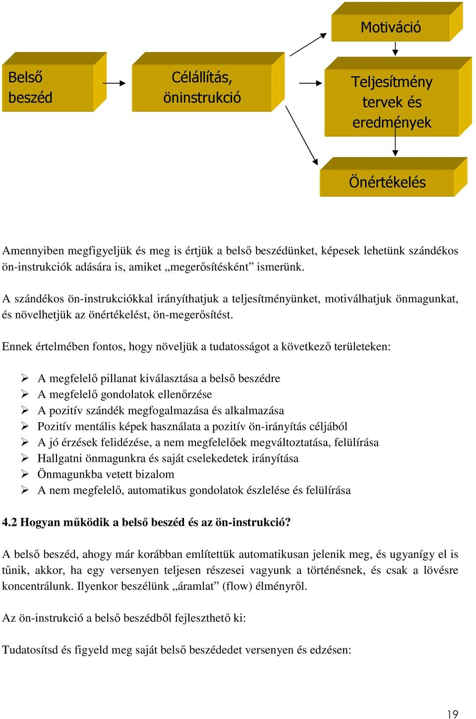 Ennek értelmében fontos, hogy növeljük a tudatosságot a következő területeken: A megfelelő pillanat kiválasztása a belső beszédre A megfelelő gondolatok ellenőrzése A pozitív szándék megfogalmazása