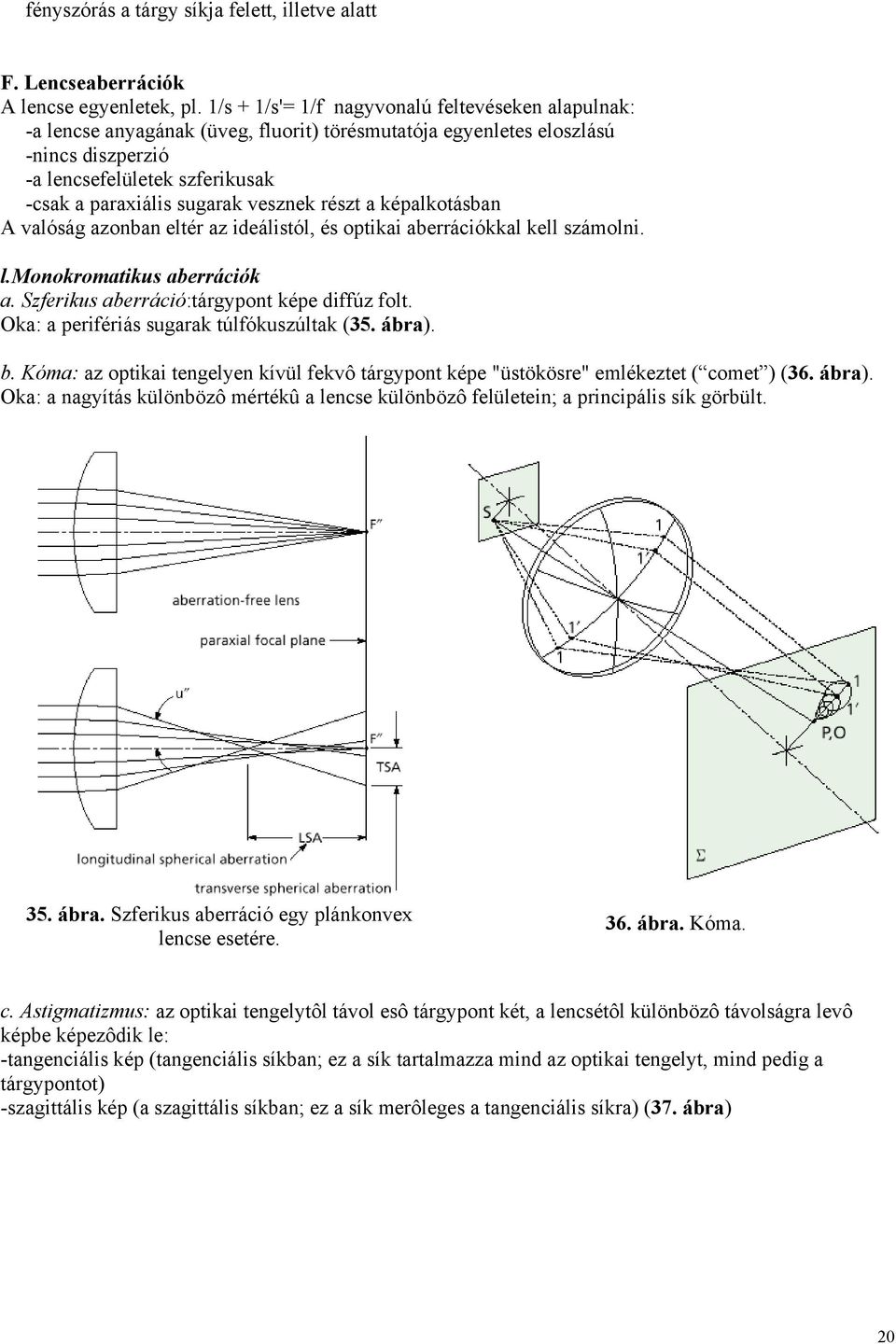 vesznek részt a képalkotásban A valóság azonban eltér az ideálistól, és optikai aberrációkkal kell számolni. l.monokromatikus aberrációk a. Szferikus aberráció:tárgypont képe diffúz folt.