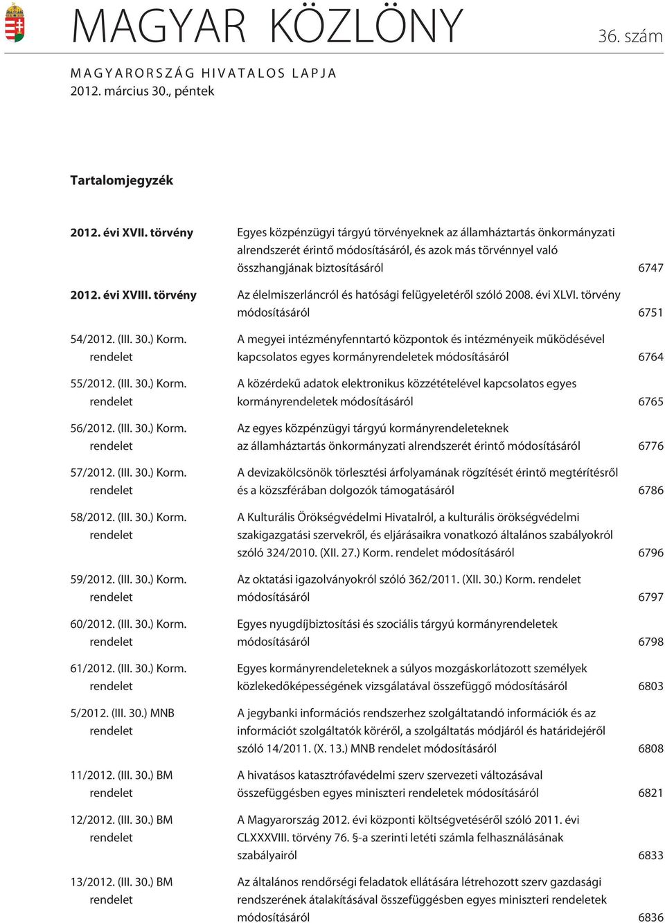 törvény Az élelmiszerláncról és hatósági felügyeletérõl szóló 2008. évi XLVI. törvény módosításáról 6751 54/2012. (III. 30.) Korm. rendelet 55/2012. (III. 30.) Korm. rendelet 56/2012. (III. 30.) Korm. rendelet 57/2012.