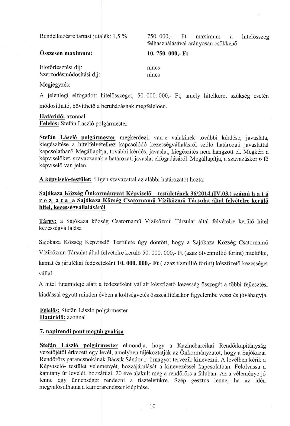 Hatririd6: aznnal Felel6 s : Stef6n Lhszl plg6rmester Stefiin Lriszki plefrmester megk6rdezi, van-e valakinek tv6bbi k6rd6se, javaslata, kieg6szit6se a hitelfelvetelhez kapcsl6d6 kezessegv6llal6sr6l