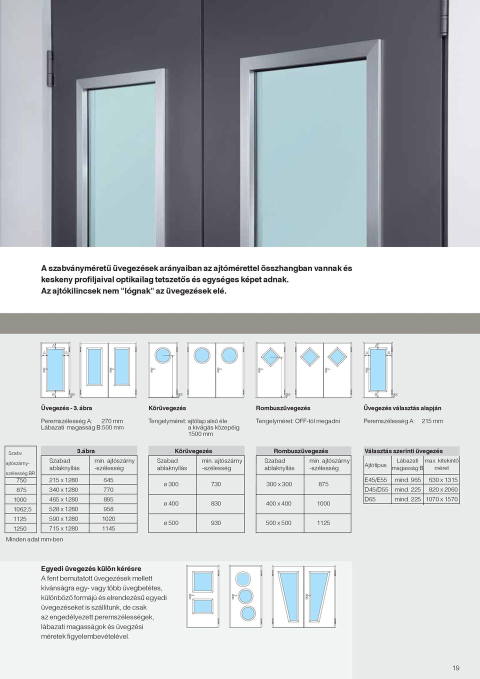 ábra Körüvegezés Rombuszüvegezés Üvegezés választás alapján Peremszélesség A: 270 mm Lábazati magasság B:500 mm Tengelyméret: ajtólap alsó éle a kivágás közepéig 1500 mm Tengelyméret: OFF-tól megadni