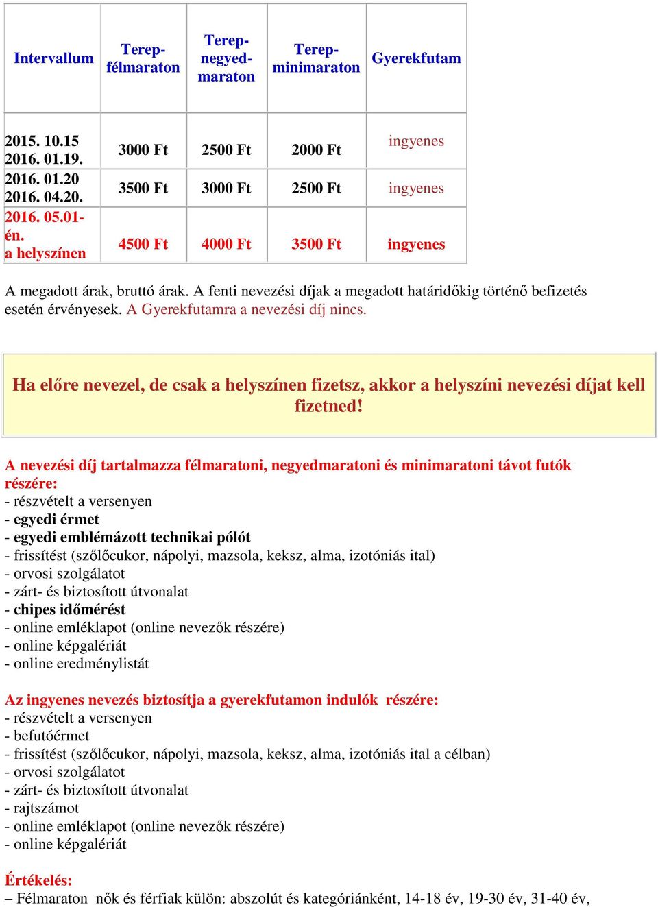 A fenti nevezési díjak a megadott határidőkig történő befizetés esetén érvényesek. A Gyerekfutamra a nevezési díj nincs.