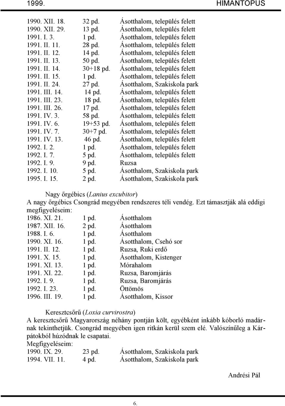 1 pd. Ásotthalom, település felett 1991. II. 24. 27 pd. Ásotthalom, Szakiskola park 1991. III. 14. 14 pd. Ásotthalom, település felett 1991. III. 23. 18 pd. Ásotthalom, település felett 1991. III. 26.