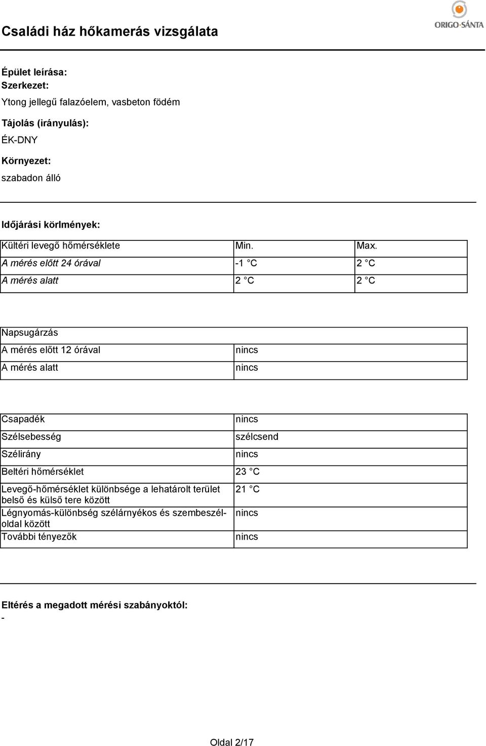 2 C 2 C Napsugárzás A mérés előtt 12 órával A mérés alatt nincs nincs Csapadék Szélsebesség Szélirány Beltéri hőmérséklet Levegőhőmérséklet