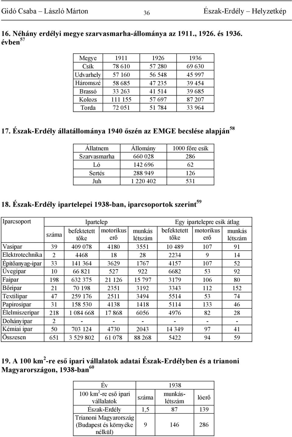 964 17. Észak-Erdély állatállománya 1940 őszén az EMGE becslése alapján 58 Állatnem Állomány 1000 főre esik Szarvasmarha 660 028 286 Ló 142 696 62 Sertés 288 949 126 Juh 1 220 402 531 18.