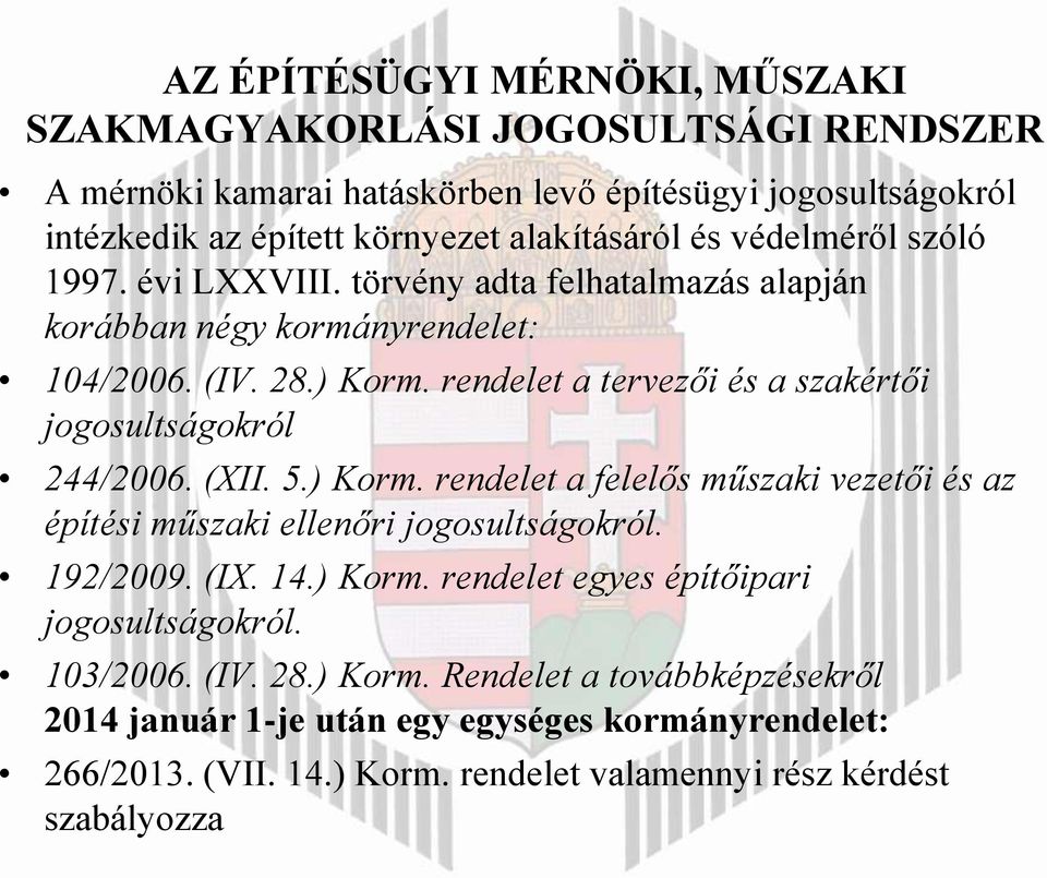 rendelet a tervezői és a szakértői jogosultságokról 244/2006. (XII. 5.) Korm. rendelet a felelős műszaki vezetői és az építési műszaki ellenőri jogosultságokról. 192/2009. (IX. 14.