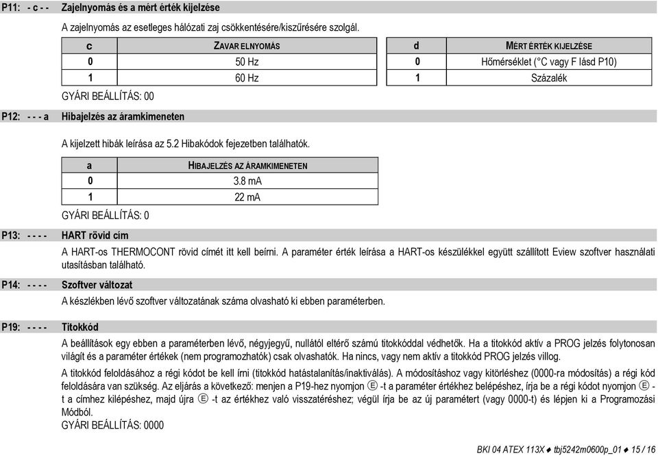 2 Hibakódok fejezetben találhatók. a HIBAJELZÉS AZ ÁRAMKIMENETEN 0 3.8 ma 1 22 ma GYÁRI BEÁLLÍTÁS: 0 P13: - - - - HART rövid cím A HART-os THERMOCONT rövid címét itt kell beírni.