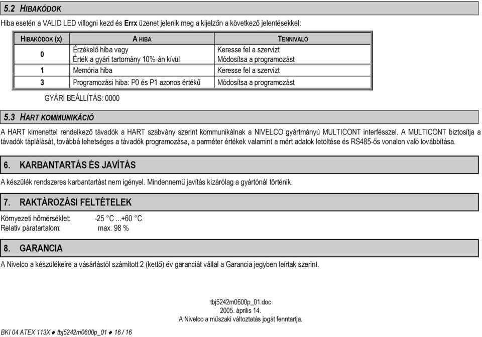 3 HART KOMMUNIKÁCIÓ A HART kimenettel rendelkező távadók a HART szabvány szerint kommunikálnak a NIVELCO gyártmányú MULTICONT interfésszel.