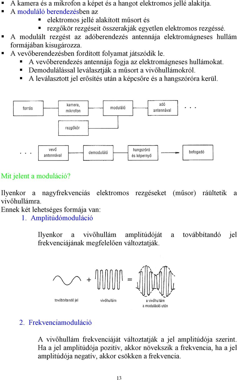 A vevőberendezés antennája fogja az elektromágneses hullámokat. Demodulálással leválasztják a műsort a vivőhullámokról. A leválasztott jel erősítés után a képcsőre és a hangszóróra kerül.