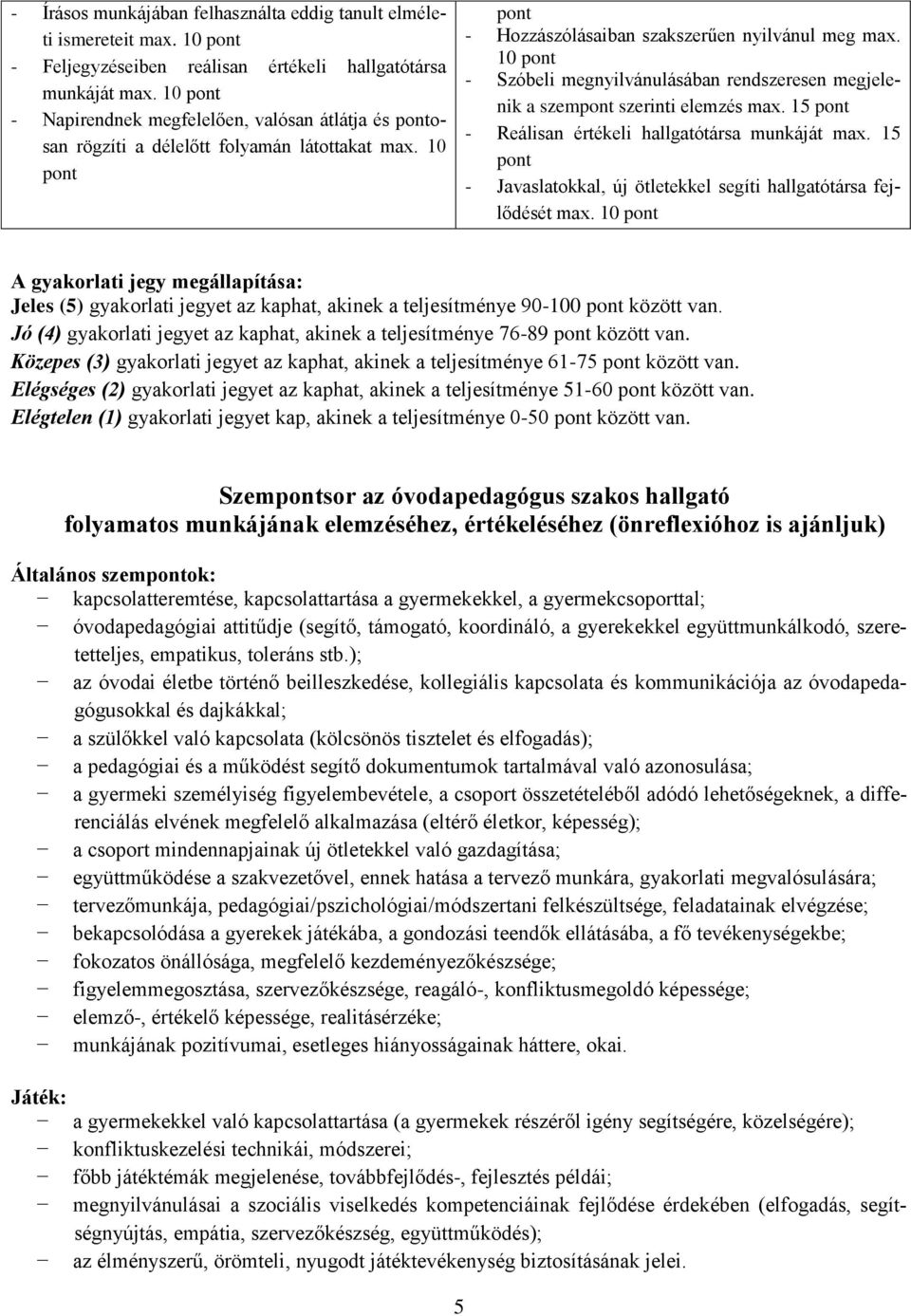 10 pont - Szóbeli megnyilvánulásában rendszeresen megjelenik a szempont szerinti elemzés max. 15 pont - Reálisan értékeli hallgatótársa munkáját max.