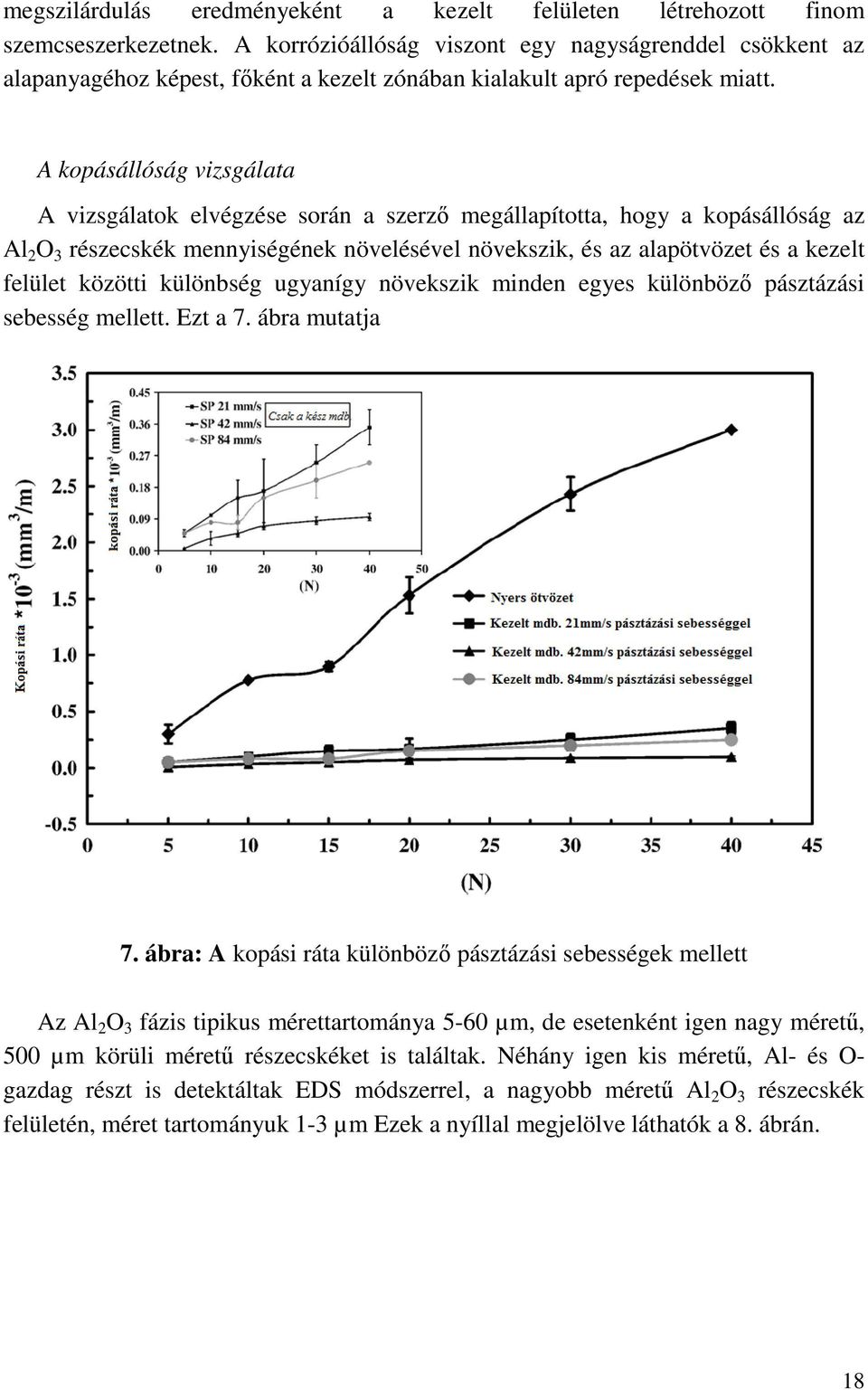A kopásállóság vizsgálata A vizsgálatok elvégzése során a szerző megállapította, hogy a kopásállóság az Al 2 O 3 részecskék mennyiségének növelésével növekszik, és az alapötvözet és a kezelt felület