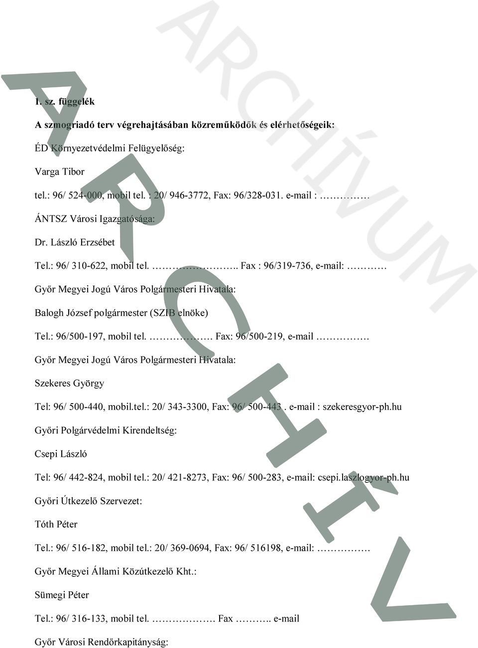 .. Fax : 96/319-736, e-mail: Győr Megyei Jogú Város Polgármesteri Hivatala: Balogh József polgármester (SZIB elnöke) Tel.: 96/500-197, mobil tel.. Fax: 96/500-219, e-mail.