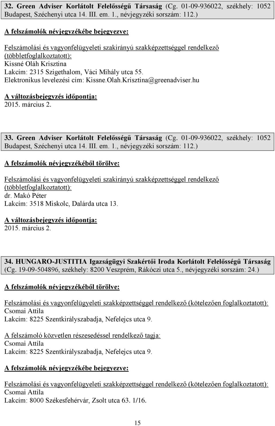 Green Adviser Korlátolt Felelősségű Társaság (Cg. 01-09-936022, székhely: 1052 Budapest, Széchenyi utca 14. III. em. 1., névjegyzéki sorszám: 112.) dr.