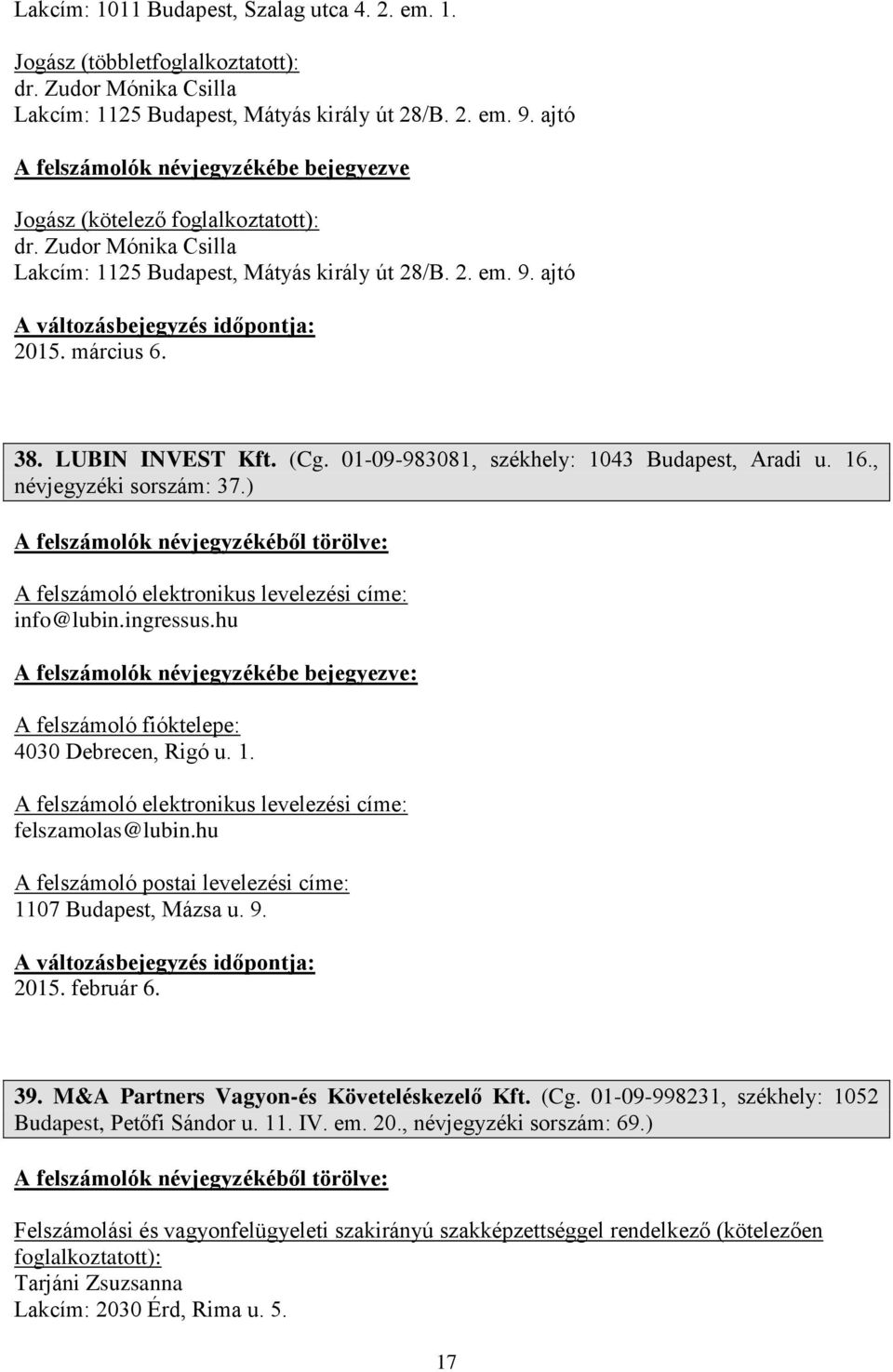 , névjegyzéki sorszám: 37.) A felszámoló elektronikus levelezési címe: info@lubin.ingressus.hu A felszámoló fióktelepe: 4030 Debrecen, Rigó u. 1.