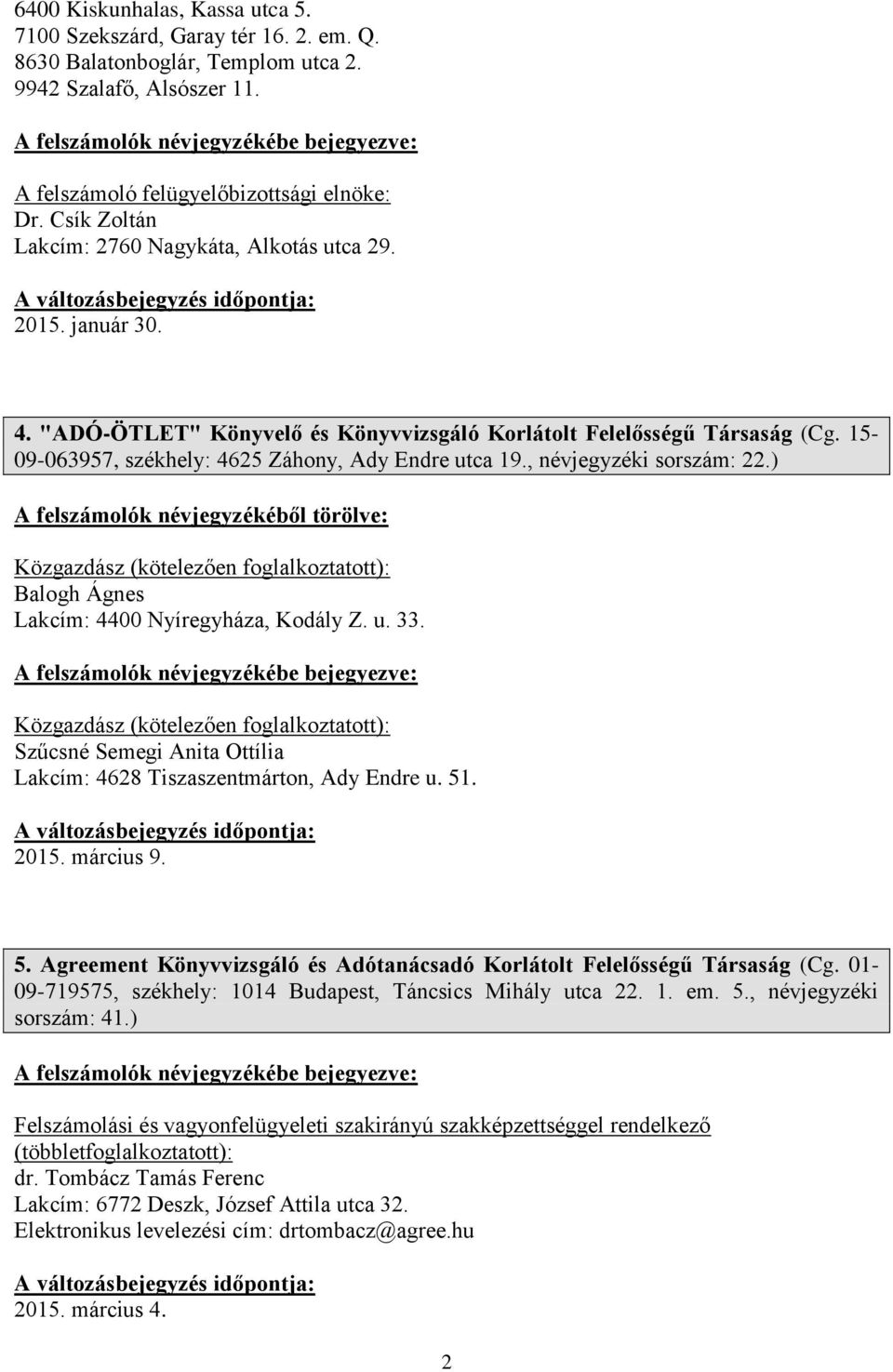 15-09-063957, székhely: 4625 Záhony, Ady Endre utca 19., névjegyzéki sorszám: 22.) Közgazdász (kötelezően Balogh Ágnes Lakcím: 4400 Nyíregyháza, Kodály Z. u. 33.