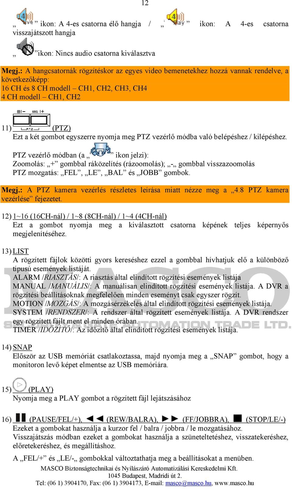 nyomja meg PTZ vezérlő módba való belépéshez / kilépéshez.