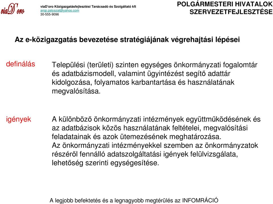 igények A különbözı önkormányzati intézmények együttmőködésének és az adatbázisok közös használatának feltételei, megvalósítási feladatainak és azok